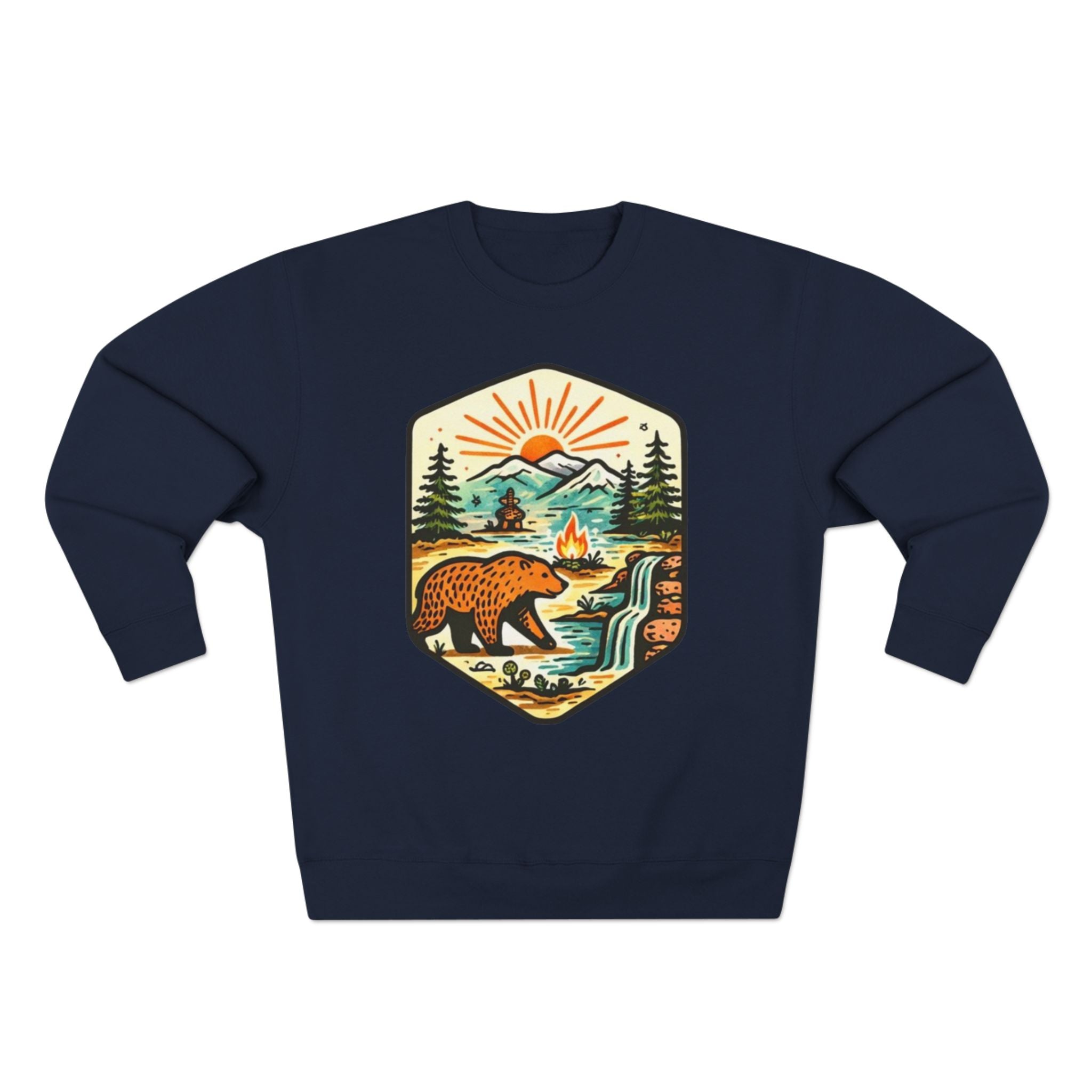 Bear Wilderness Crewneck Sweatshirt | Scenic Campfire Mountain Patch Design