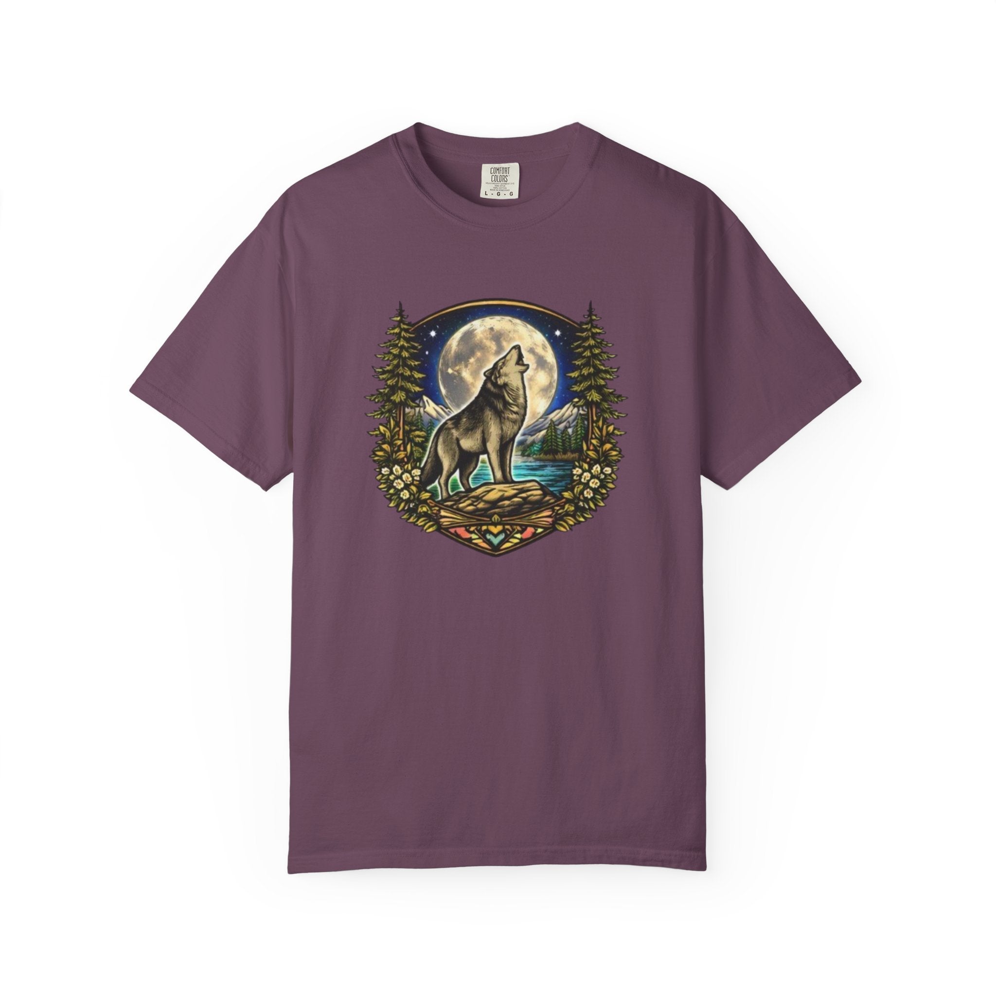Wolf Howling at Full Moon T-Shirt | Forest Tree Border Graphic