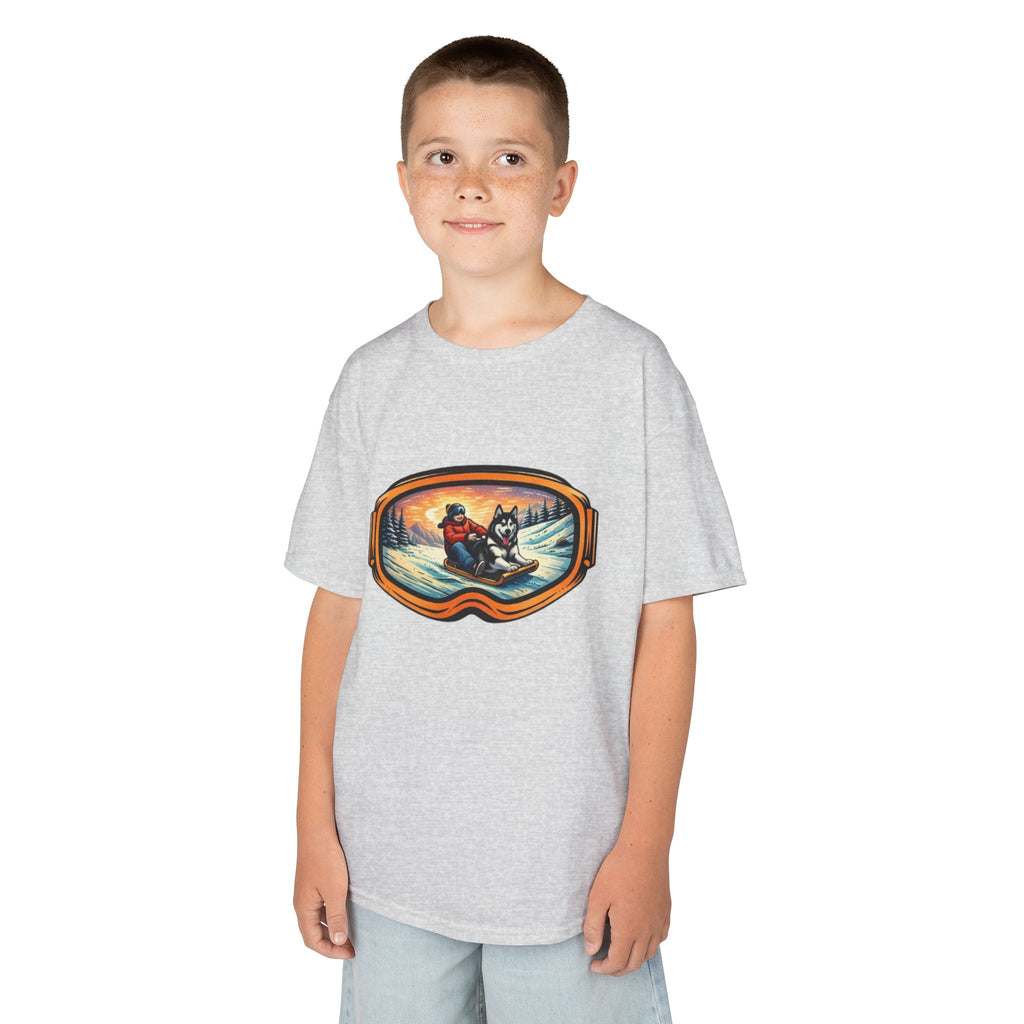Kids Sledding with Dog Tee | Boys Best Friend Winter Graphic