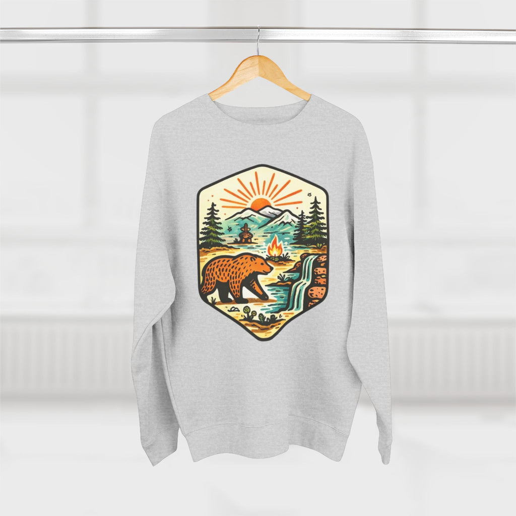 Bear Wilderness Crewneck Sweatshirt | Scenic Campfire Mountain Patch Design