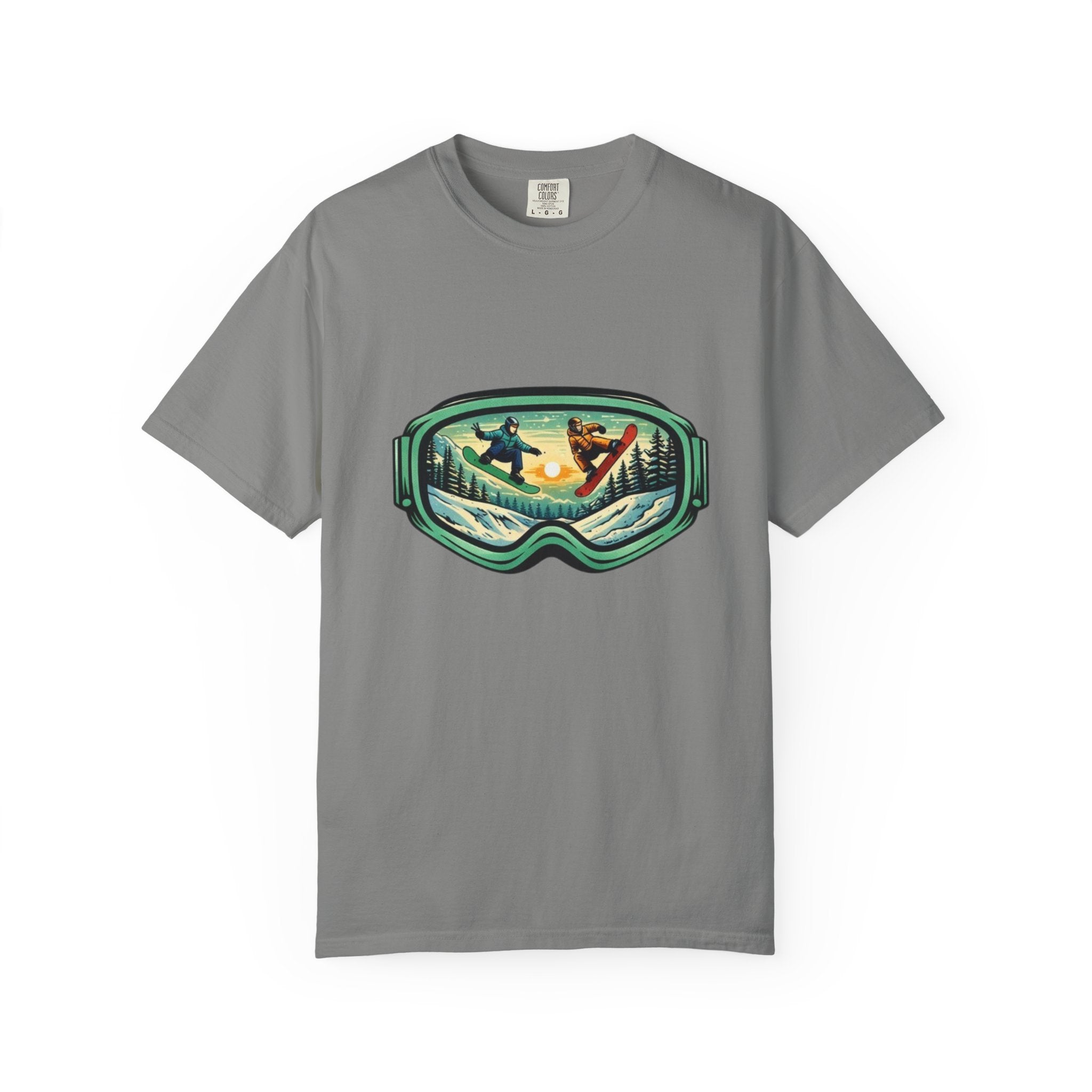 Snowboard Goggles Graphic T-Shirt | Mountain Scene with Ride the Ridge Design