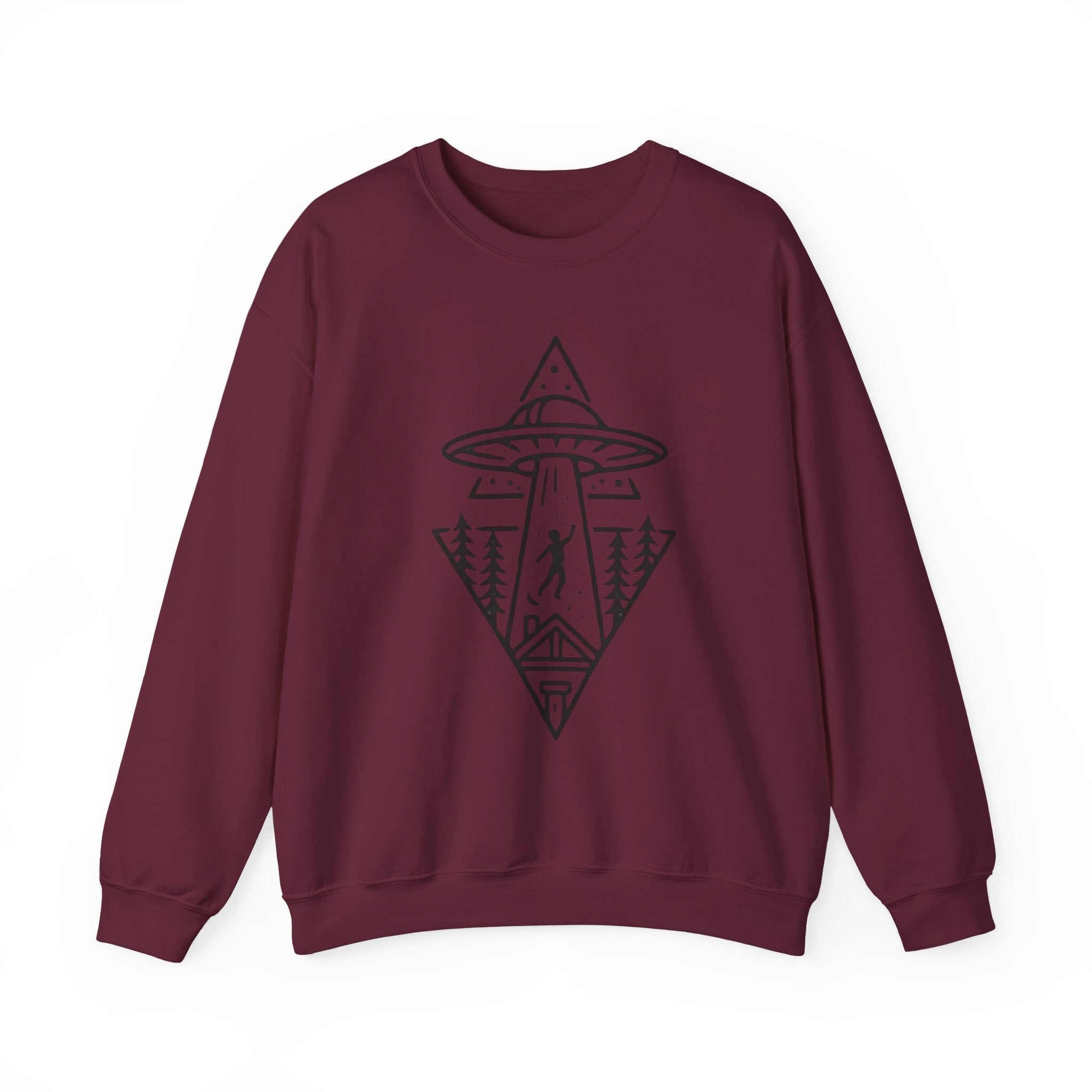 Alien Abduction Crewneck Sweatshirt | Geometric UFO Forest Design