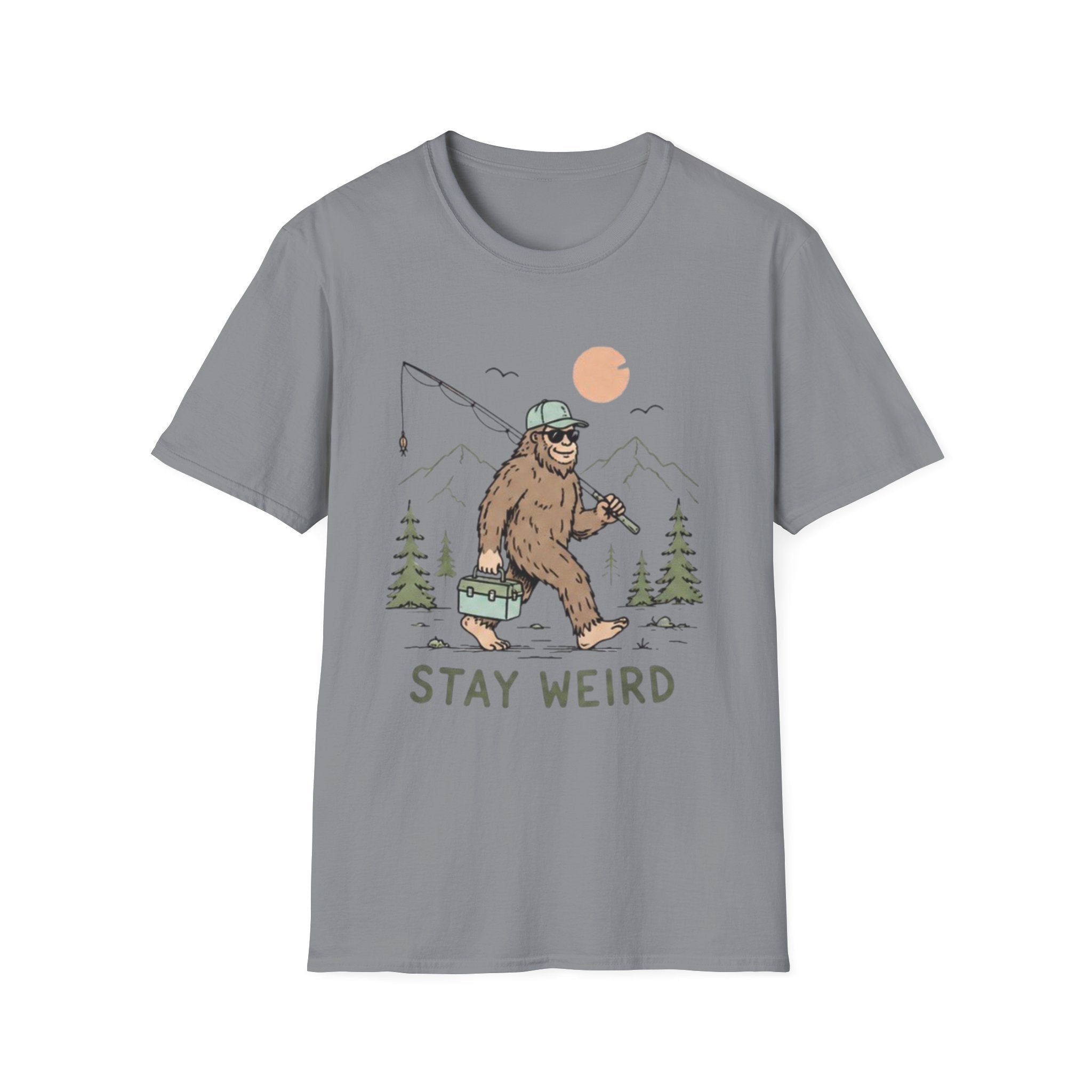 Stay Weird Bigfoot Fishing T-Shirt | Funny Sasquatch Graphic Tee for Nature Lovers