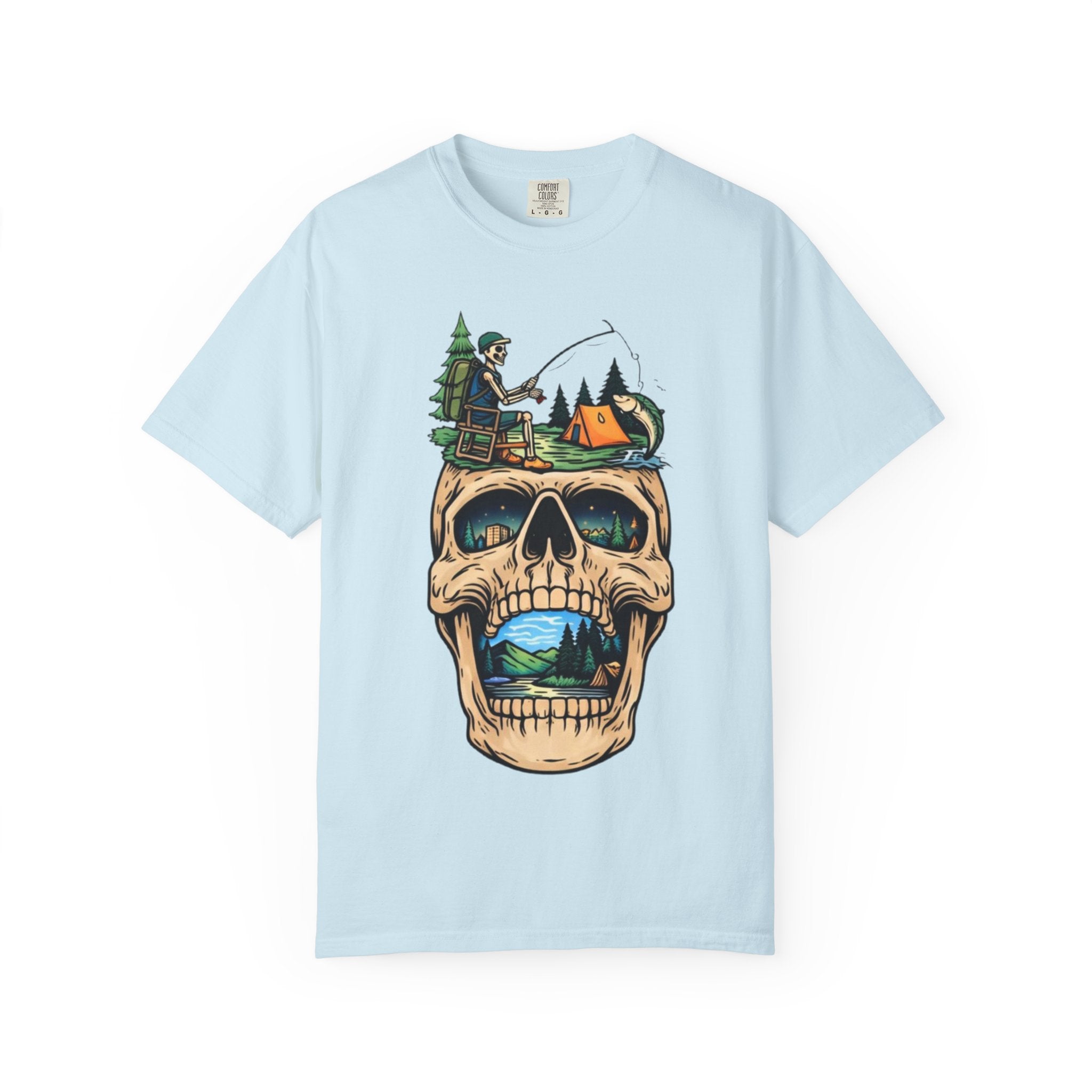 Skull Camping Scene T-shirt | Fishing, Tent, Forest Outdoor Graphic