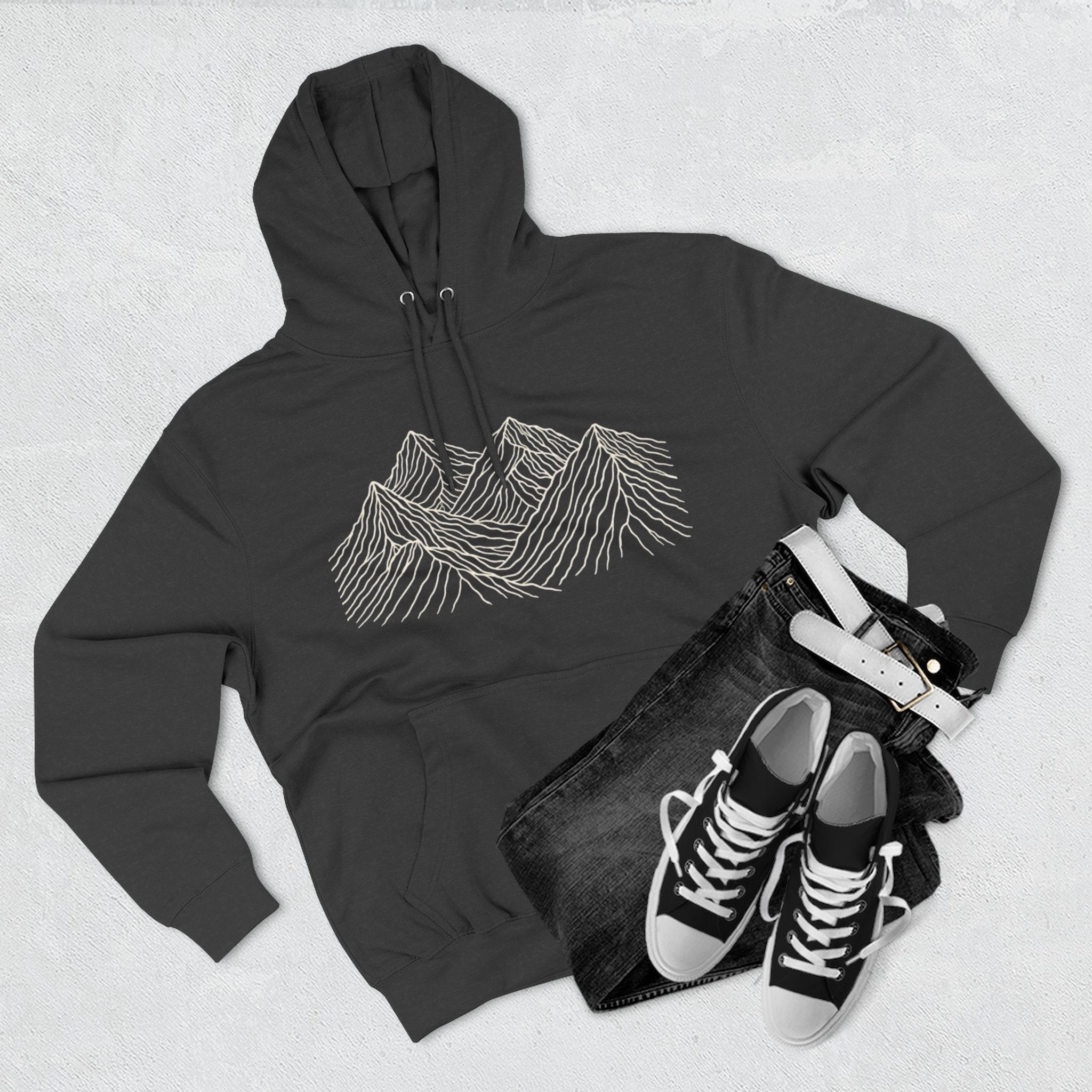 Mountain Linework Fleece Hoodie | Three Panel Mountain Landscape Design