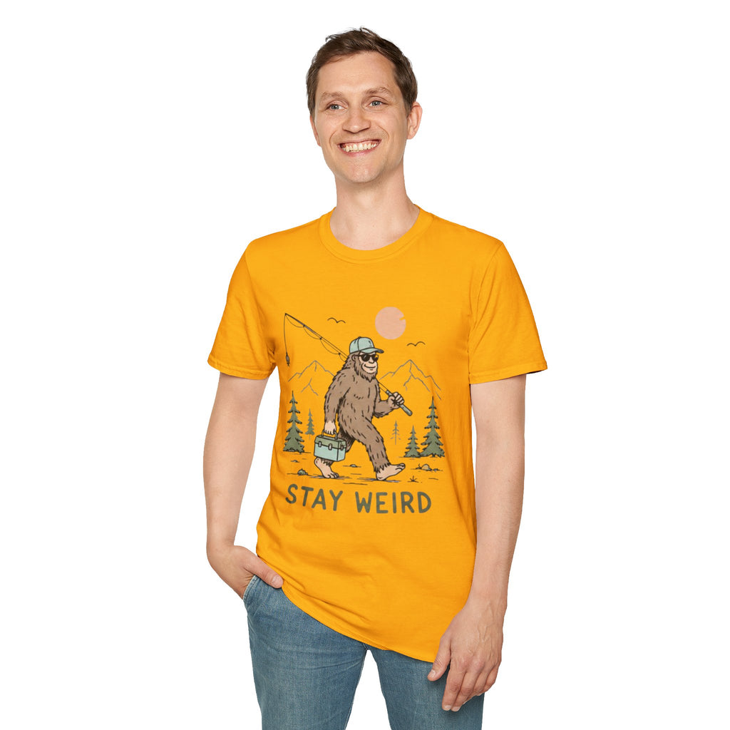 Stay Weird Bigfoot Fishing T-Shirt | Funny Sasquatch Graphic Tee for Nature Lovers