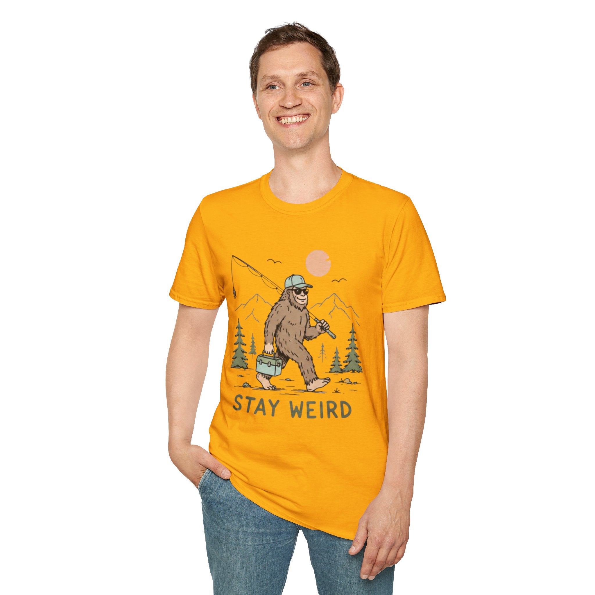 Stay Weird Bigfoot Fishing T-Shirt | Funny Sasquatch Graphic Tee for Nature Lovers