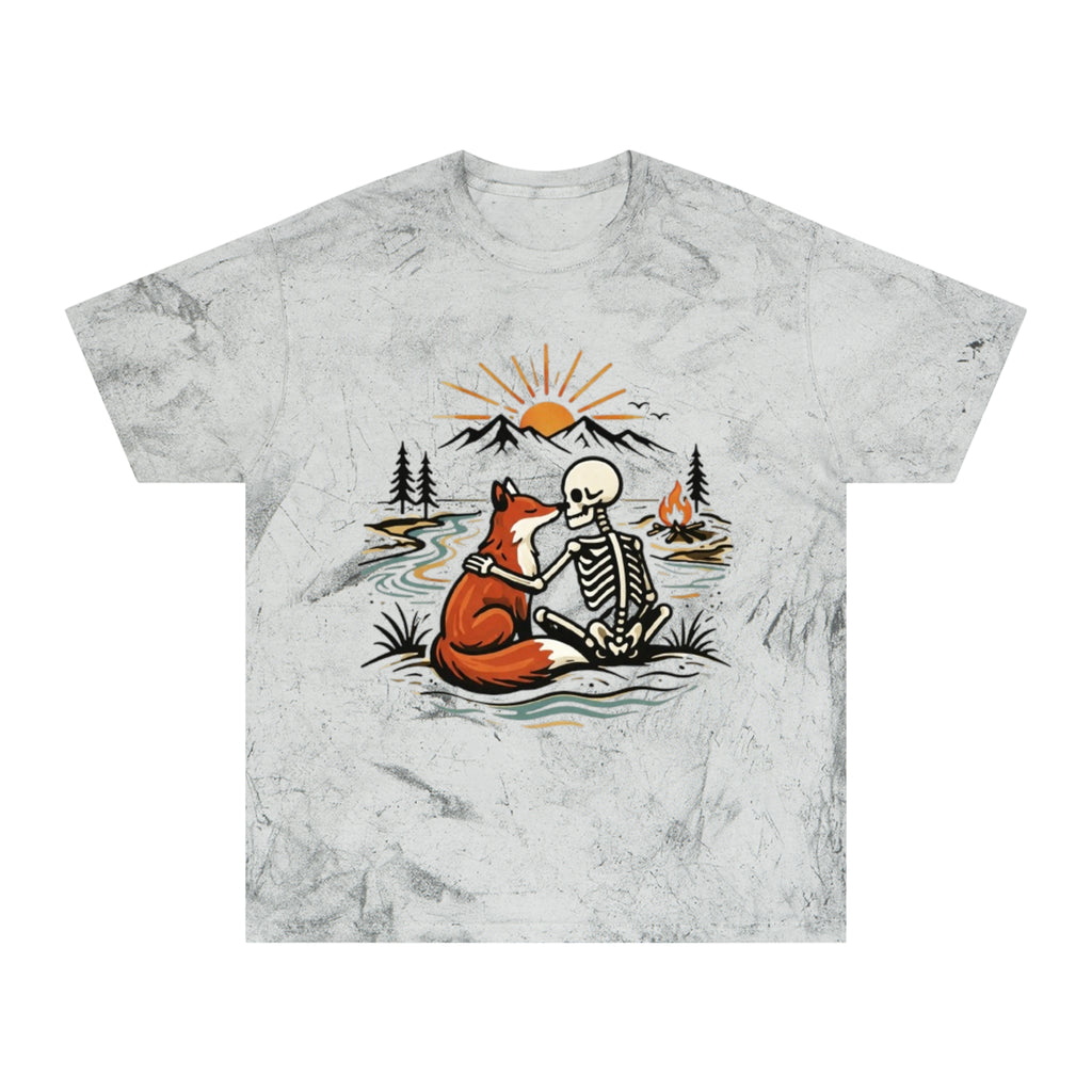 Fox & Skeleton Sunset T-Shirt | Vintage Nature Graphic Tee