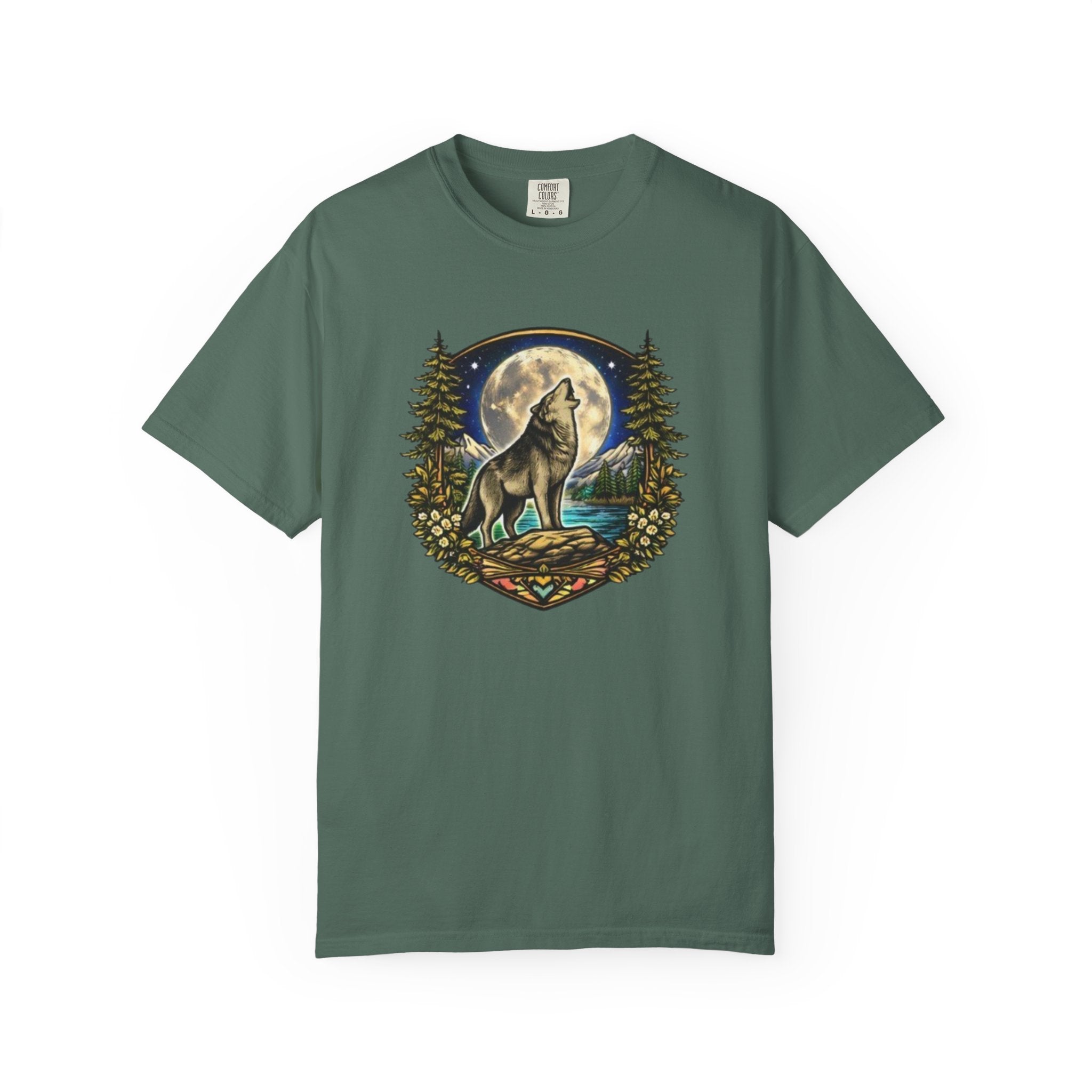Wolf Howling at Full Moon T-Shirt | Forest Tree Border Graphic