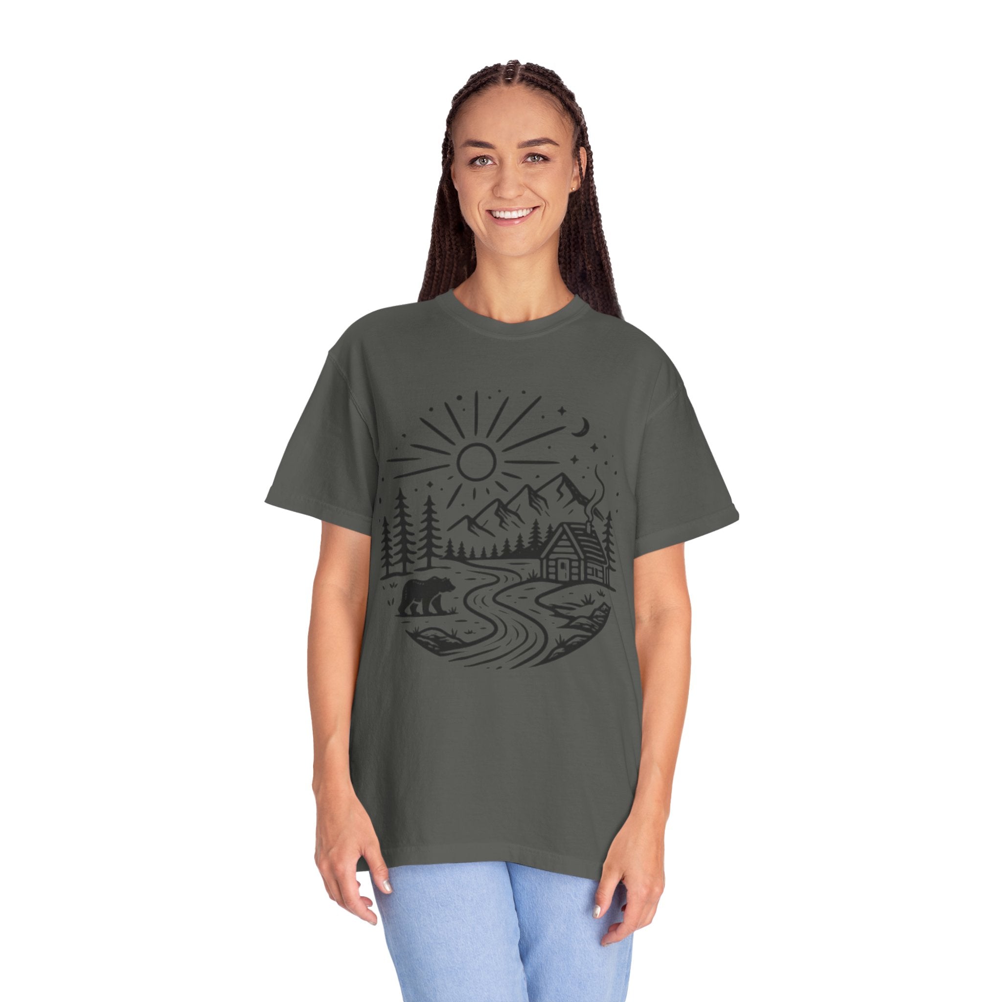 Nature Cabin T-Shirt | Scenic Mountain, River & Bear Outdoor Graphic Tee
