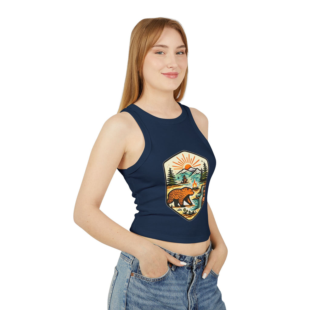 Womens Racer Tank Top | Retro Bear Mountain Camp Graphic