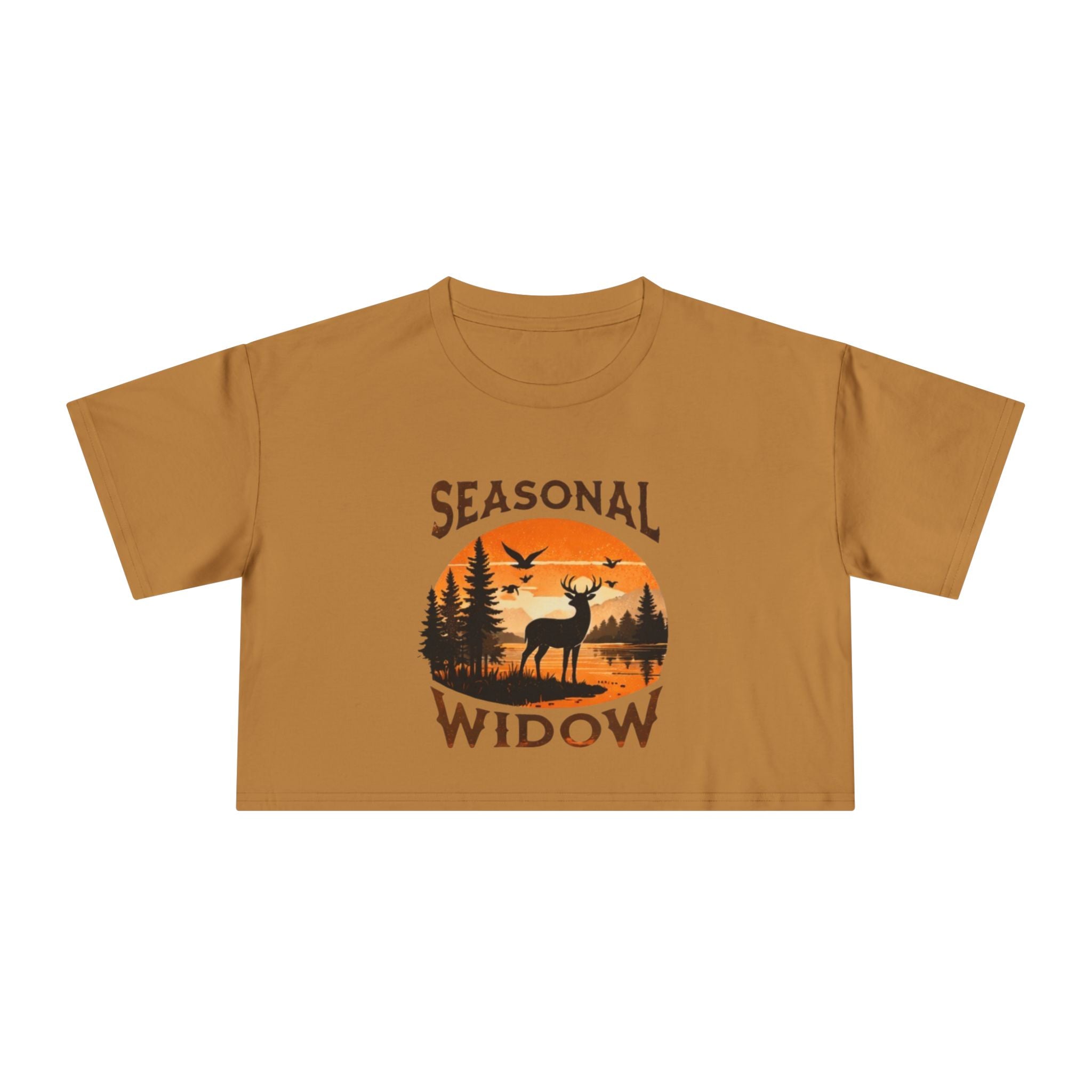 Seasonal Widow Crop Tee | Autumn Hunting Deer Sunset Graphic