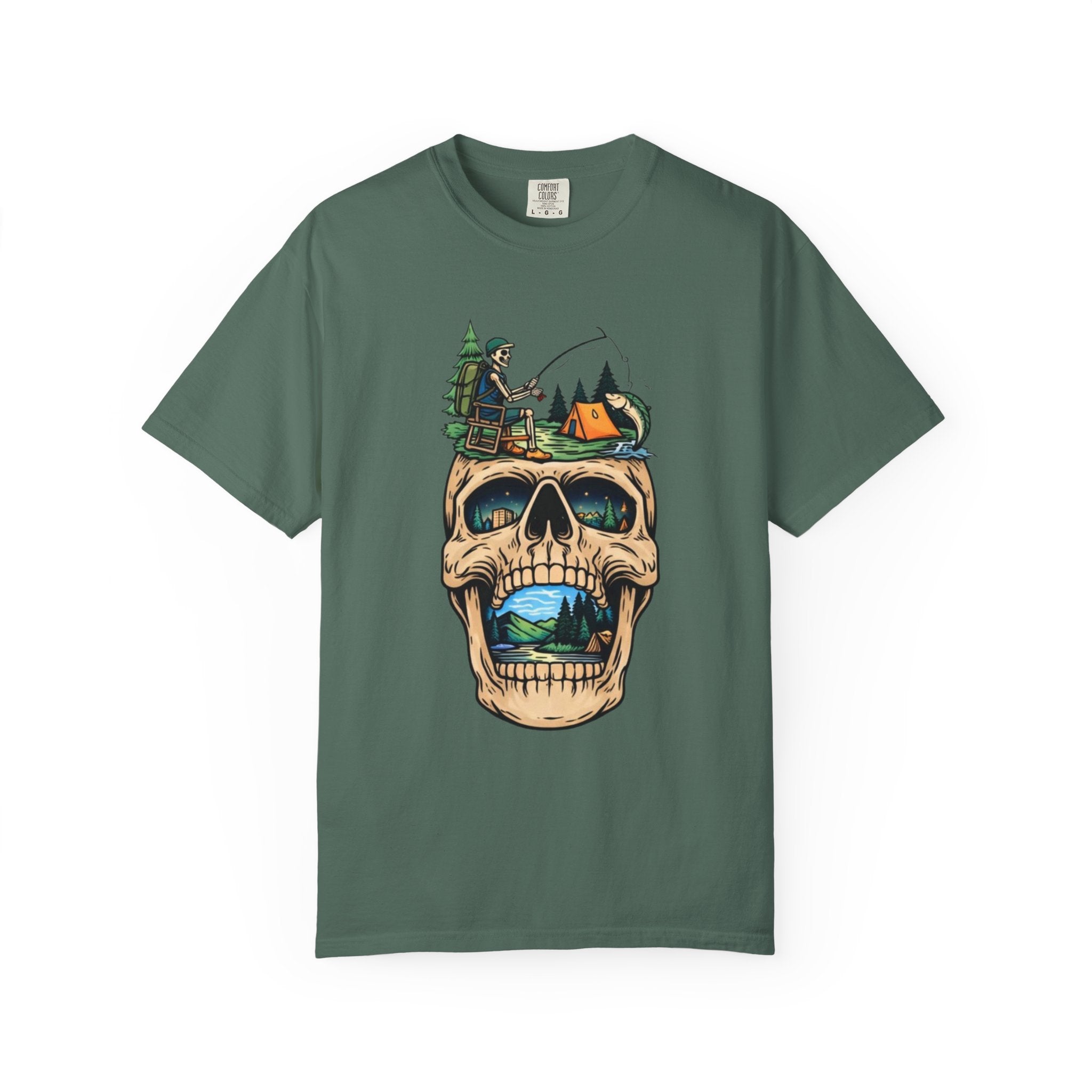 Skull Camping Scene T-shirt | Fishing Camper, Tent & Forest Graphic