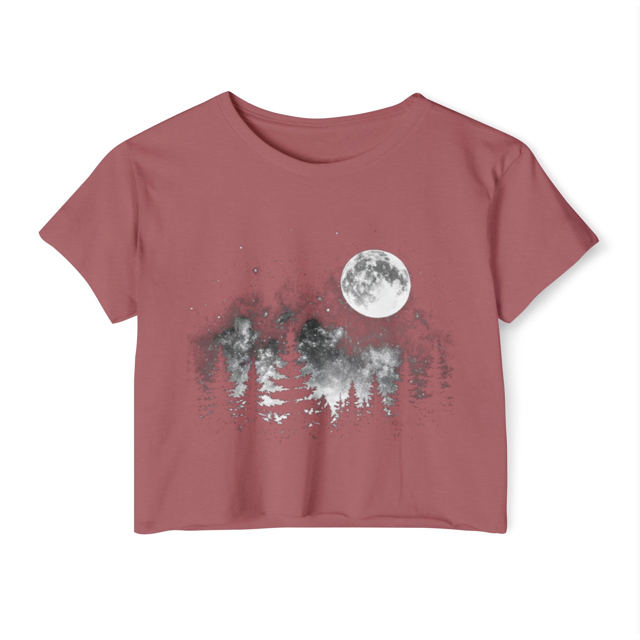 Moonlit Forest Crop Top | Women's Festival Moon & Pine Tree Graphic