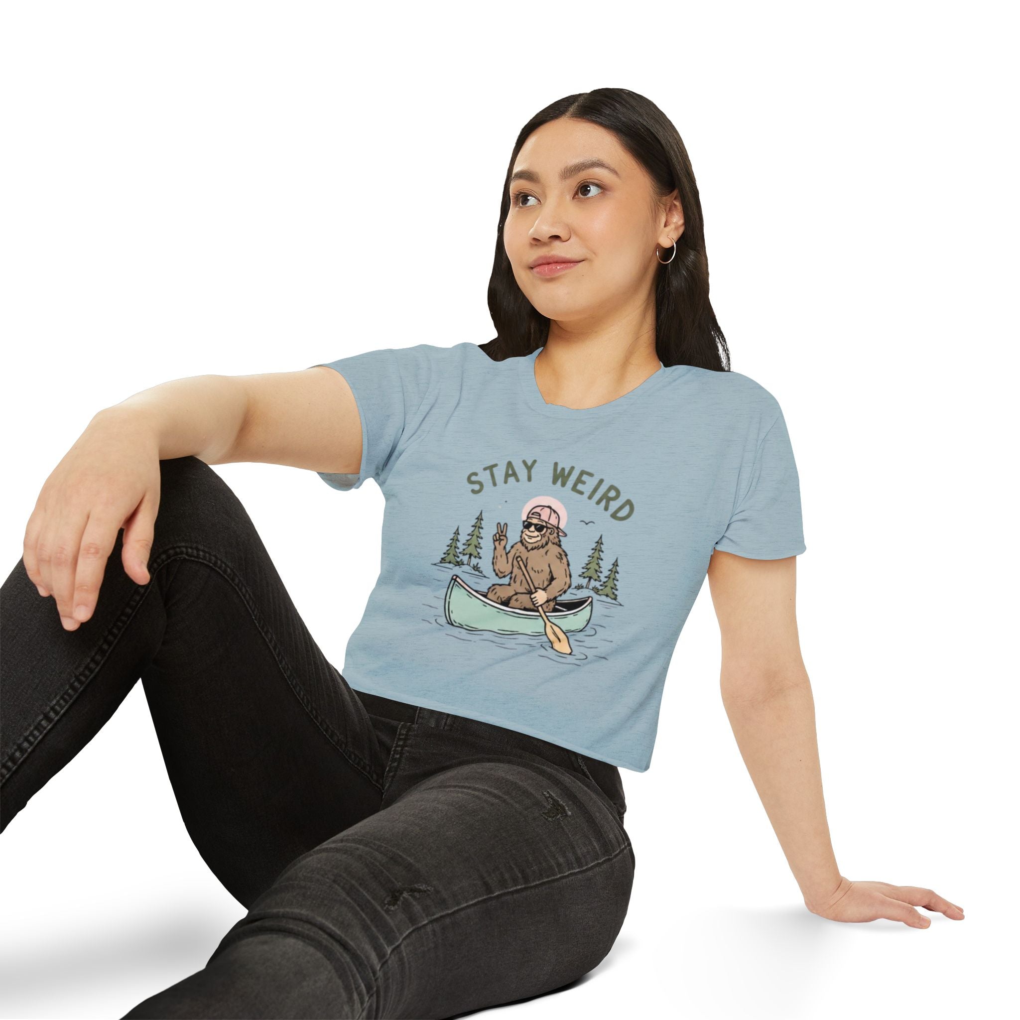 Stay Weird Crop Top | Cute Sasquatch Canoe Graphic Womens Festival Shirt