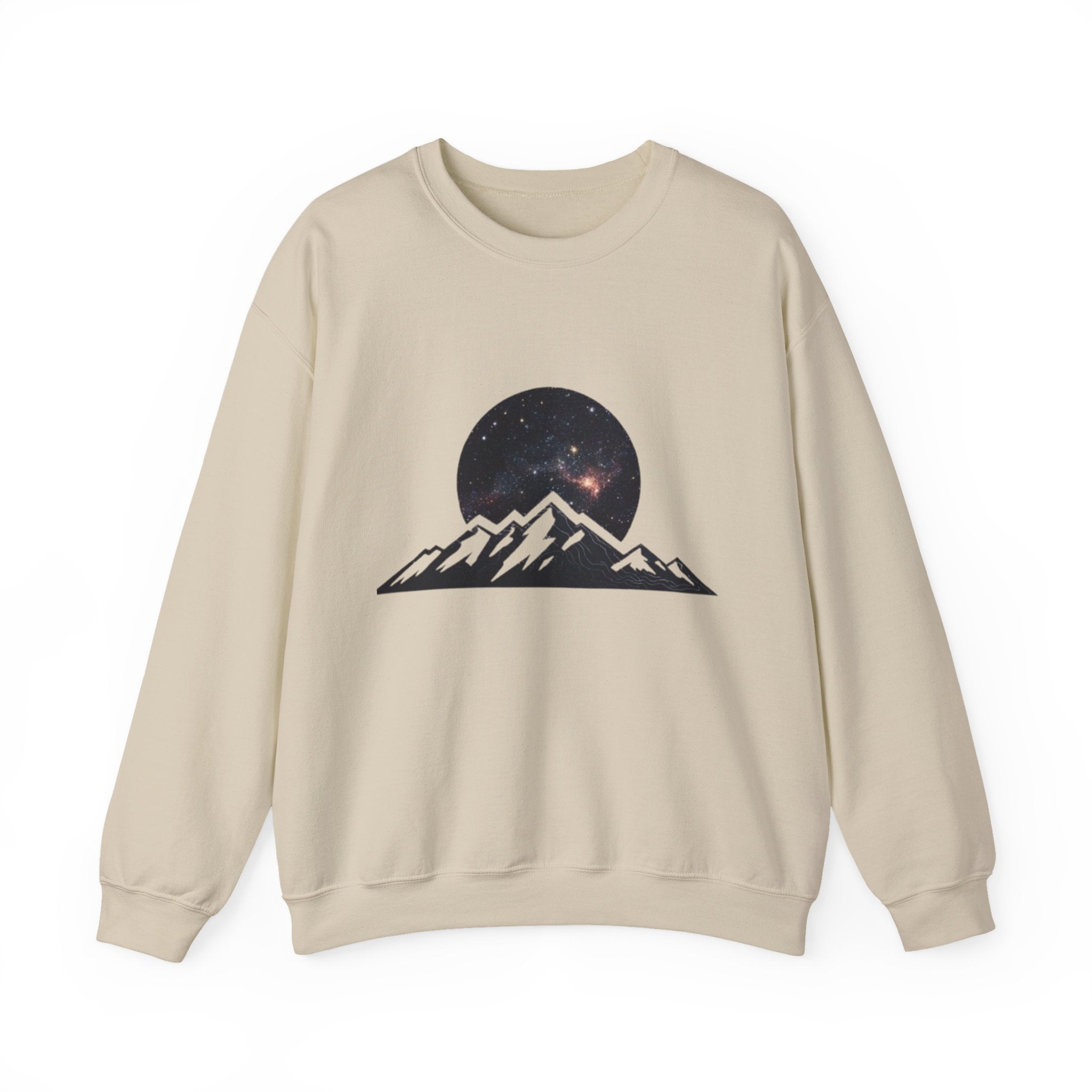 Mountain Night Crewneck Sweatshirt | Galaxy Moon & Peaks Graphic