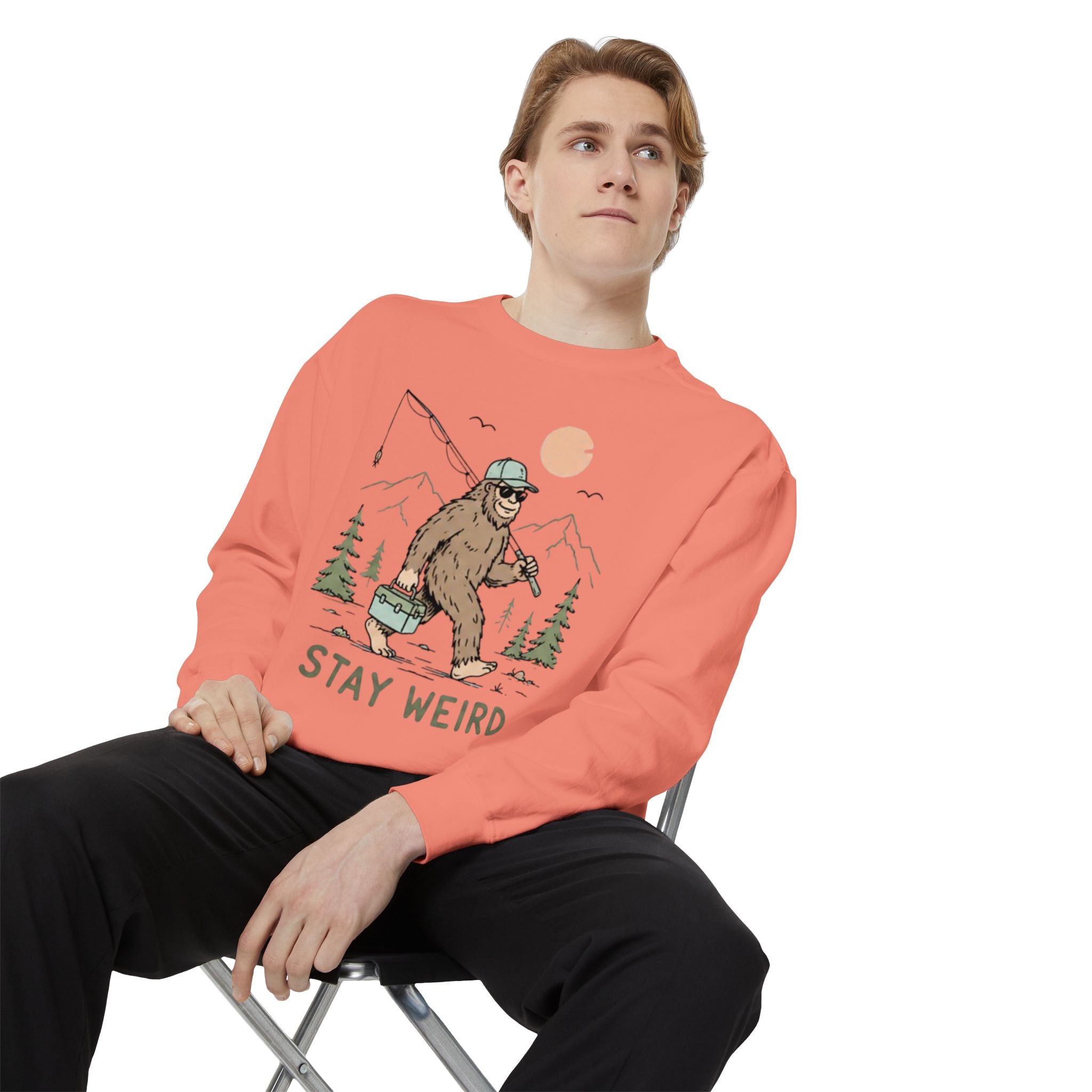 Stay Weird Sweatshirt | Fishing Sasquatch Graphic Crewneck