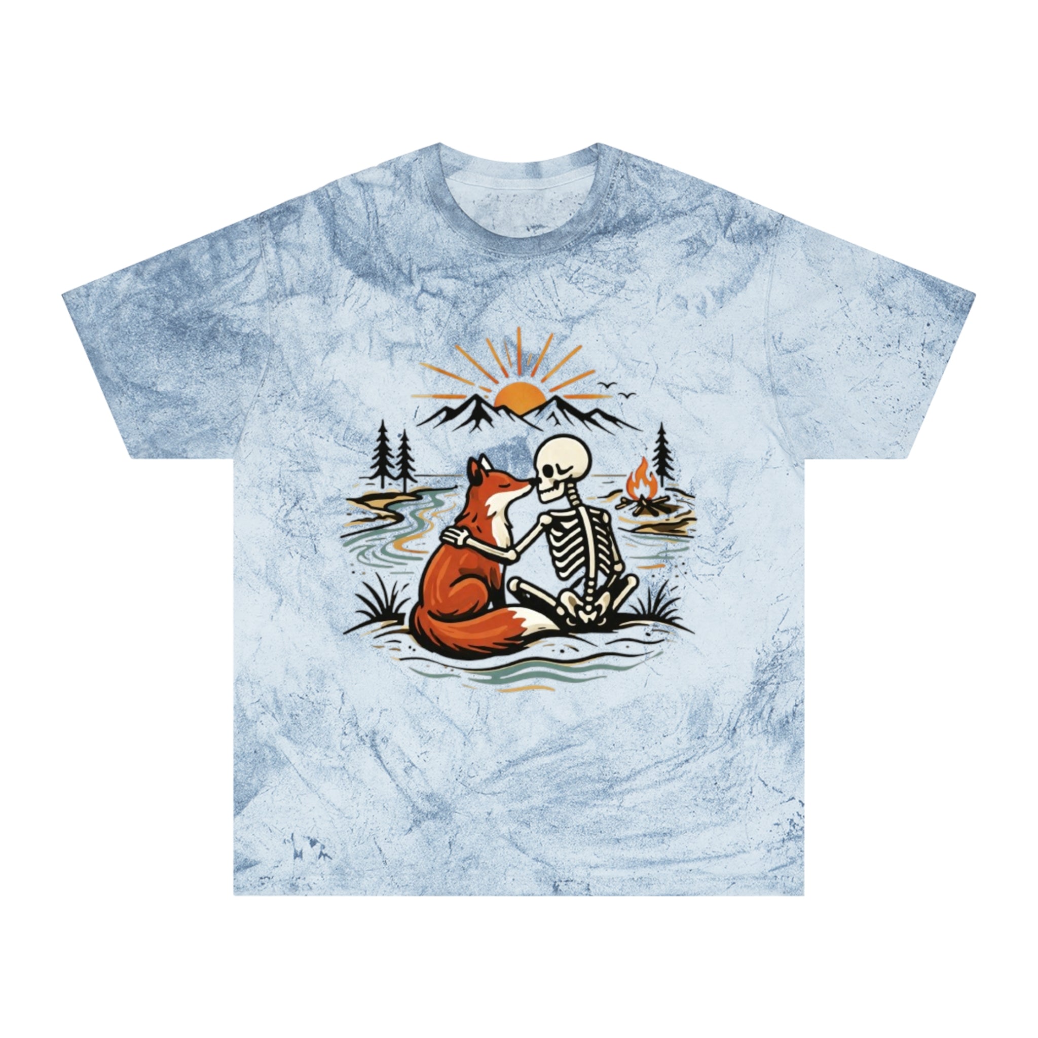 Fox & Skeleton Sunset T-Shirt | Vintage Nature Graphic Tee