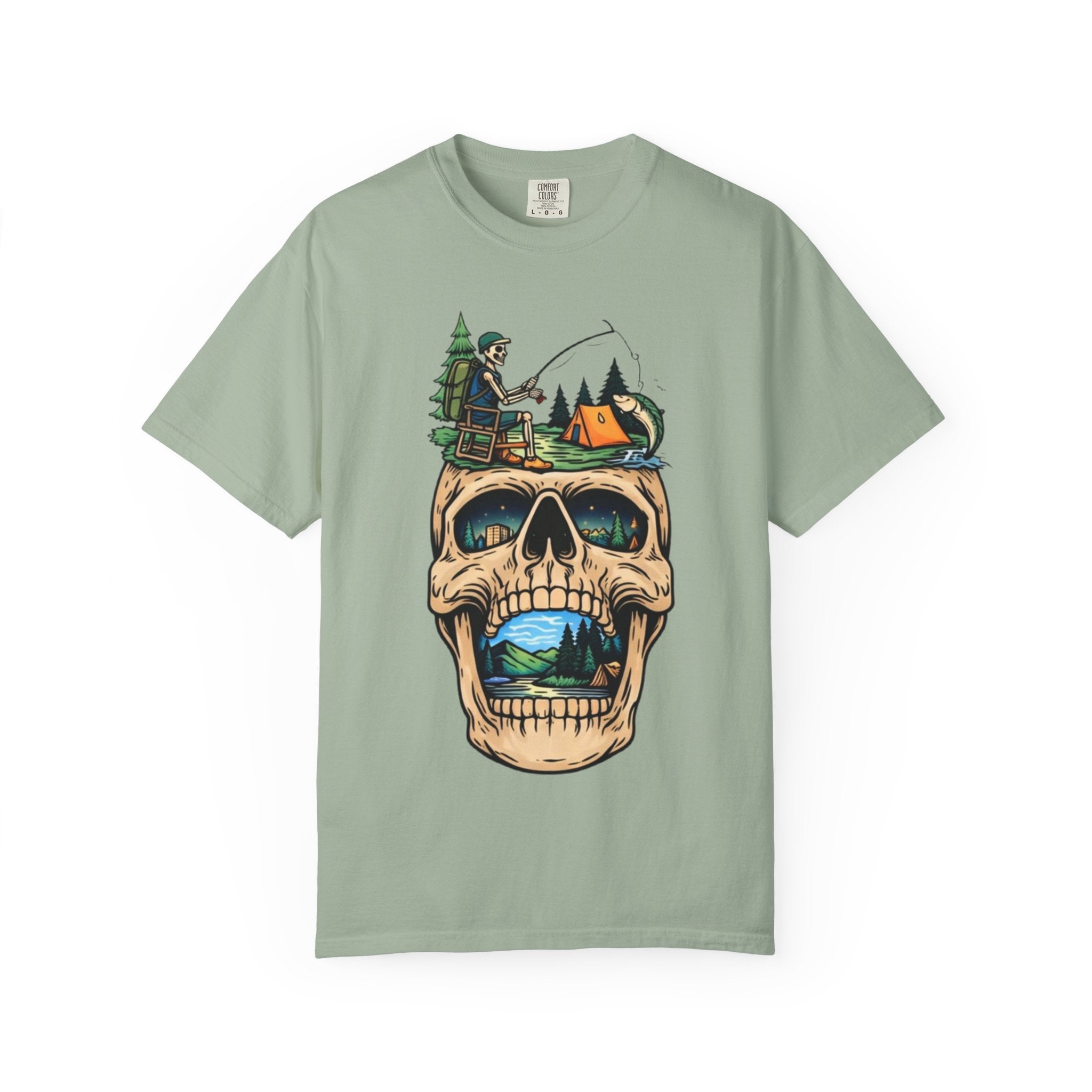 Skull Camping Scene T-shirt | Fishing, Tent, Forest Outdoor Graphic