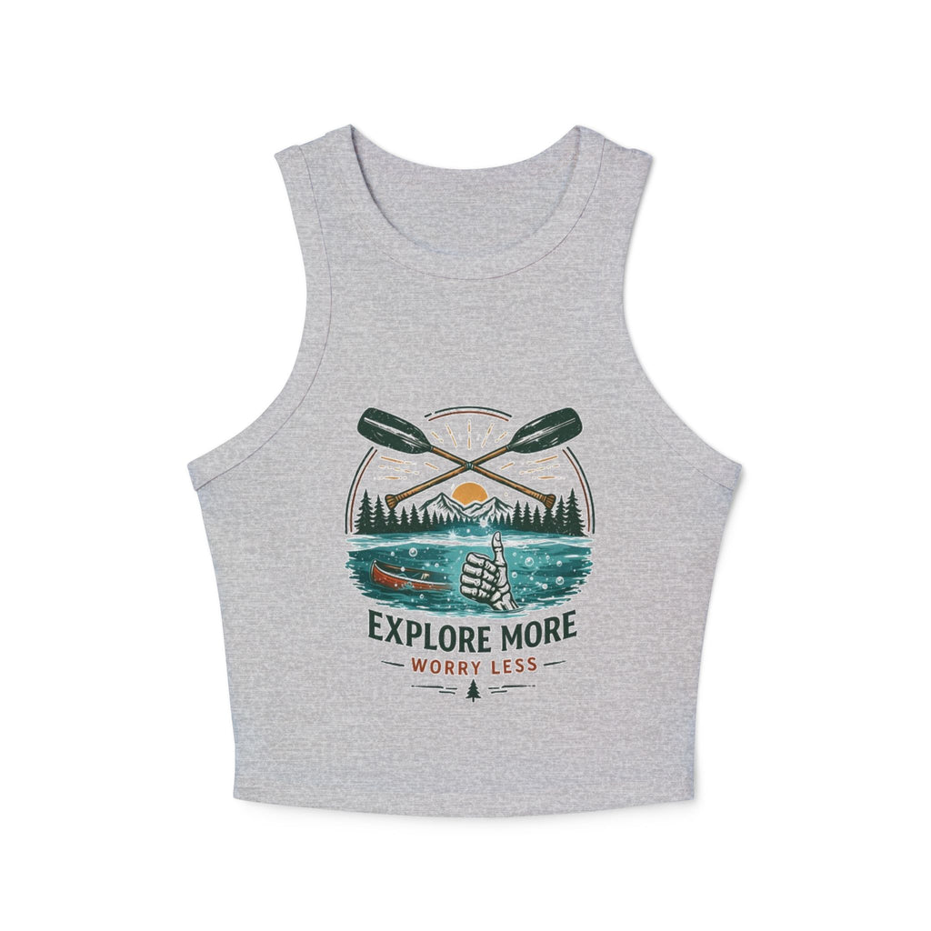 Explore More Racer Tank Top | Womens Outdoor Adventure Crop with "Explore More, Worry Less" Graphic