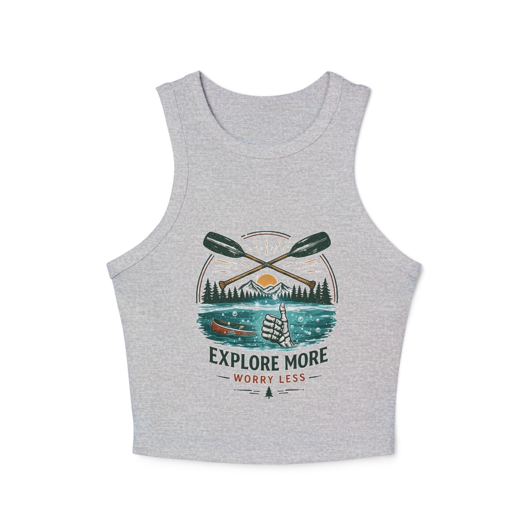Explore More Racer Tank Top | Womens Outdoor Adventure Crop with "Explore More, Worry Less" Graphic