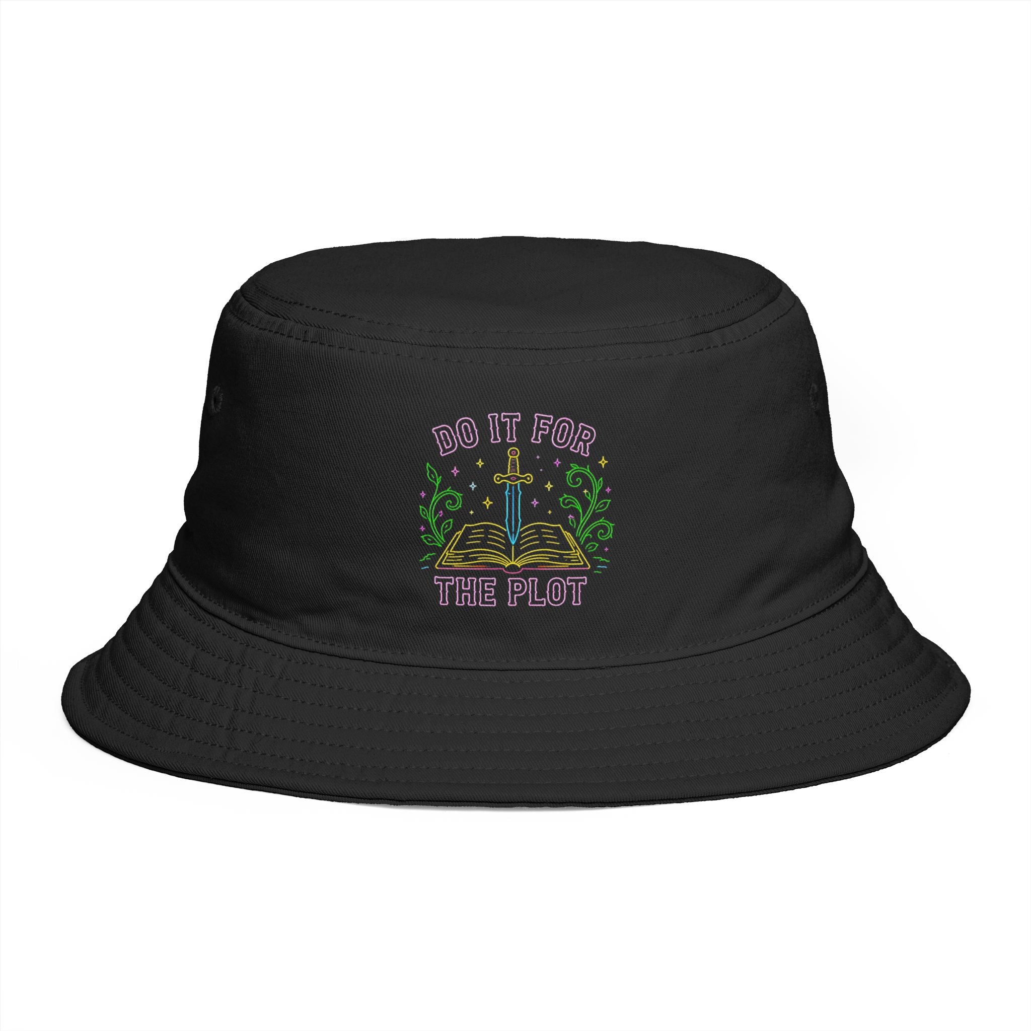 Do It For The Plot Bucket Hat | Vintage Fantasy Book & Sword Embroidered Bucket Hat