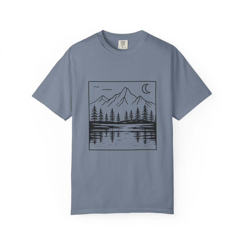 Mountain Lake T-Shirt | Minimal Nightscape with Pine Trees & Crescent Moon
