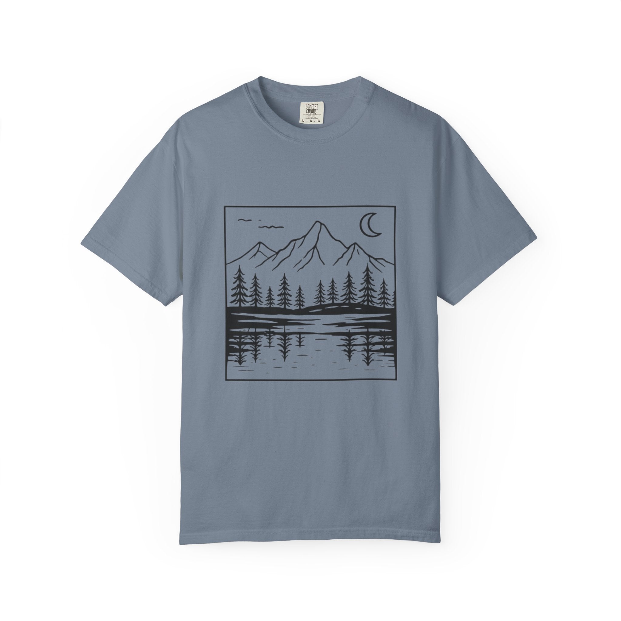 Mountain Lake T-Shirt | Minimal Nightscape with Pine Trees & Crescent Moon