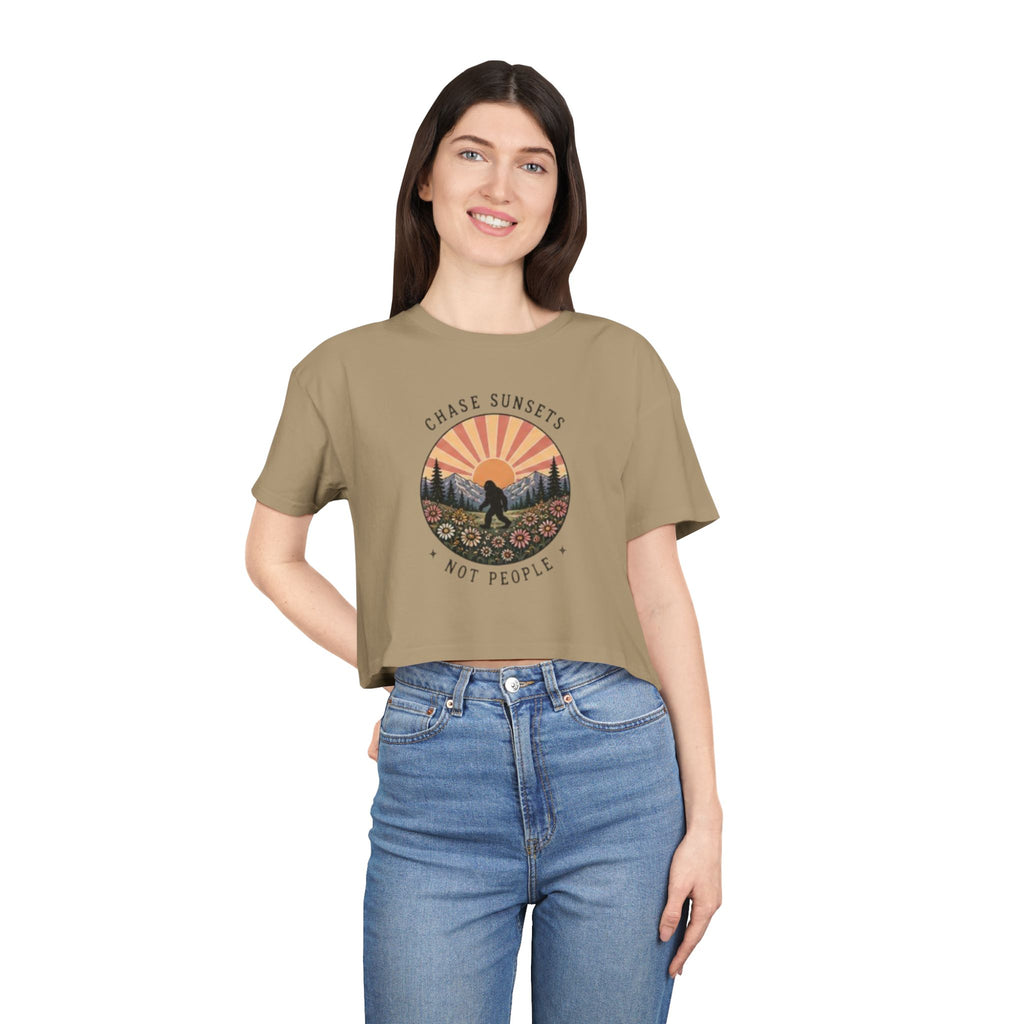 Crop Tee | "Chase Sunsets Not People" Retro Sunset Graphic