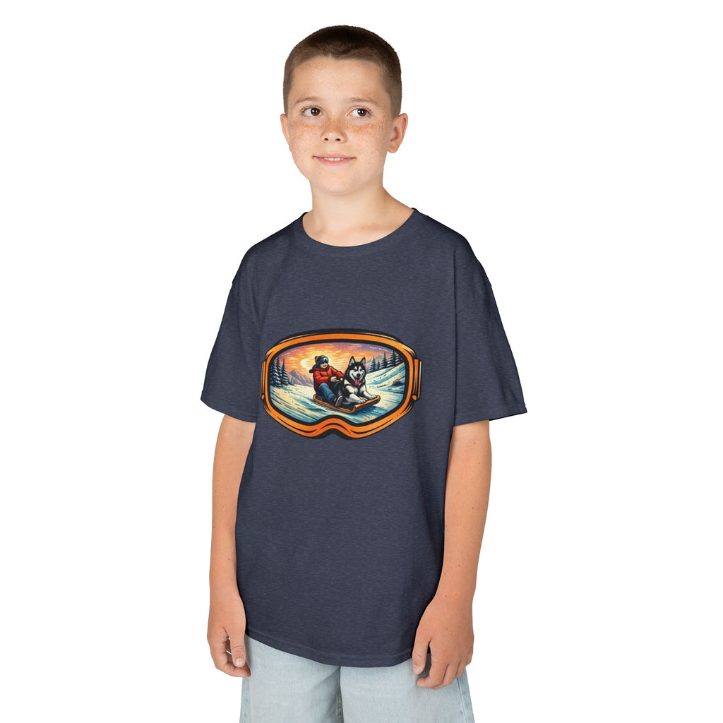 Kids Sledding with Dog Tee | Boys Best Friend Winter Graphic