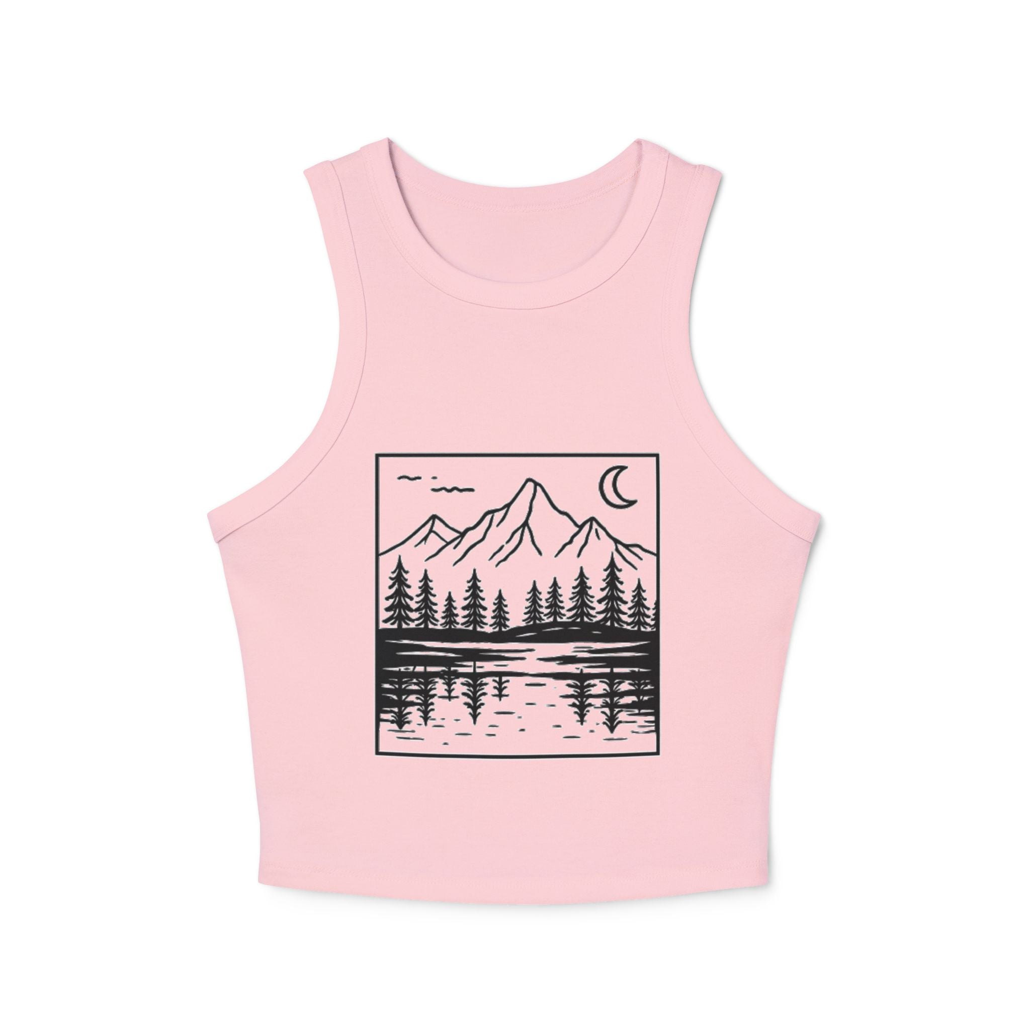 Mountain Lakeside Graphic Tank | Womens Nature Scenery Racer Crop