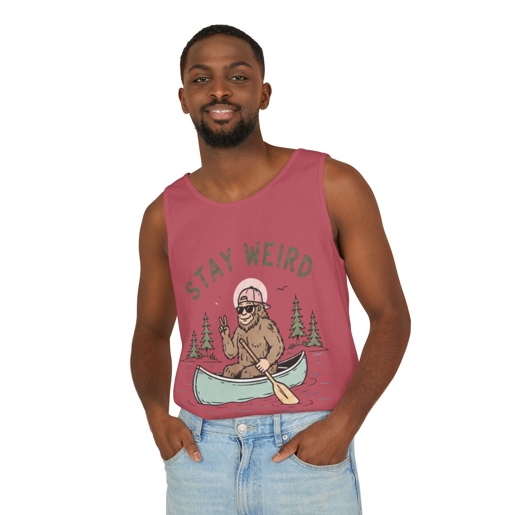 Stay Weird Bigfoot Tank Top | Funny Sasquatch Canoe Graphic Tank