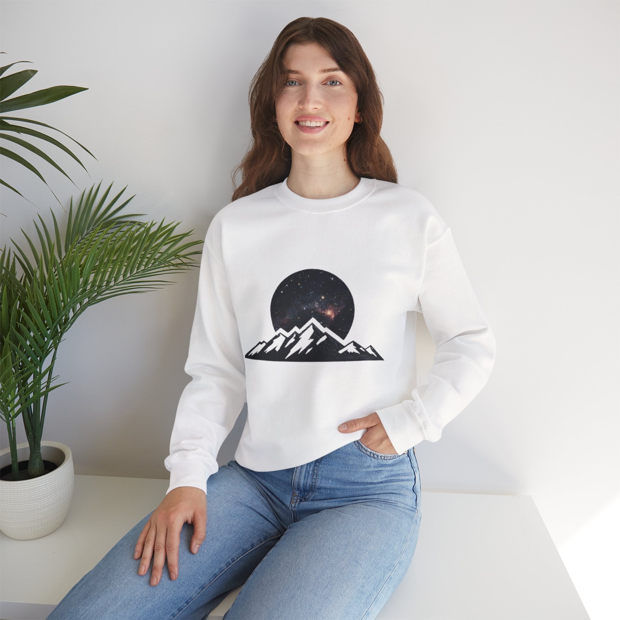 Mountain Night Crewneck Sweatshirt | Galaxy Moon & Peaks Graphic
