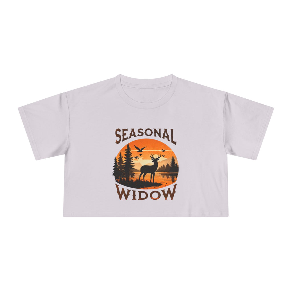 Seasonal Widow Crop Tee | Autumn Hunting Deer Sunset Graphic
