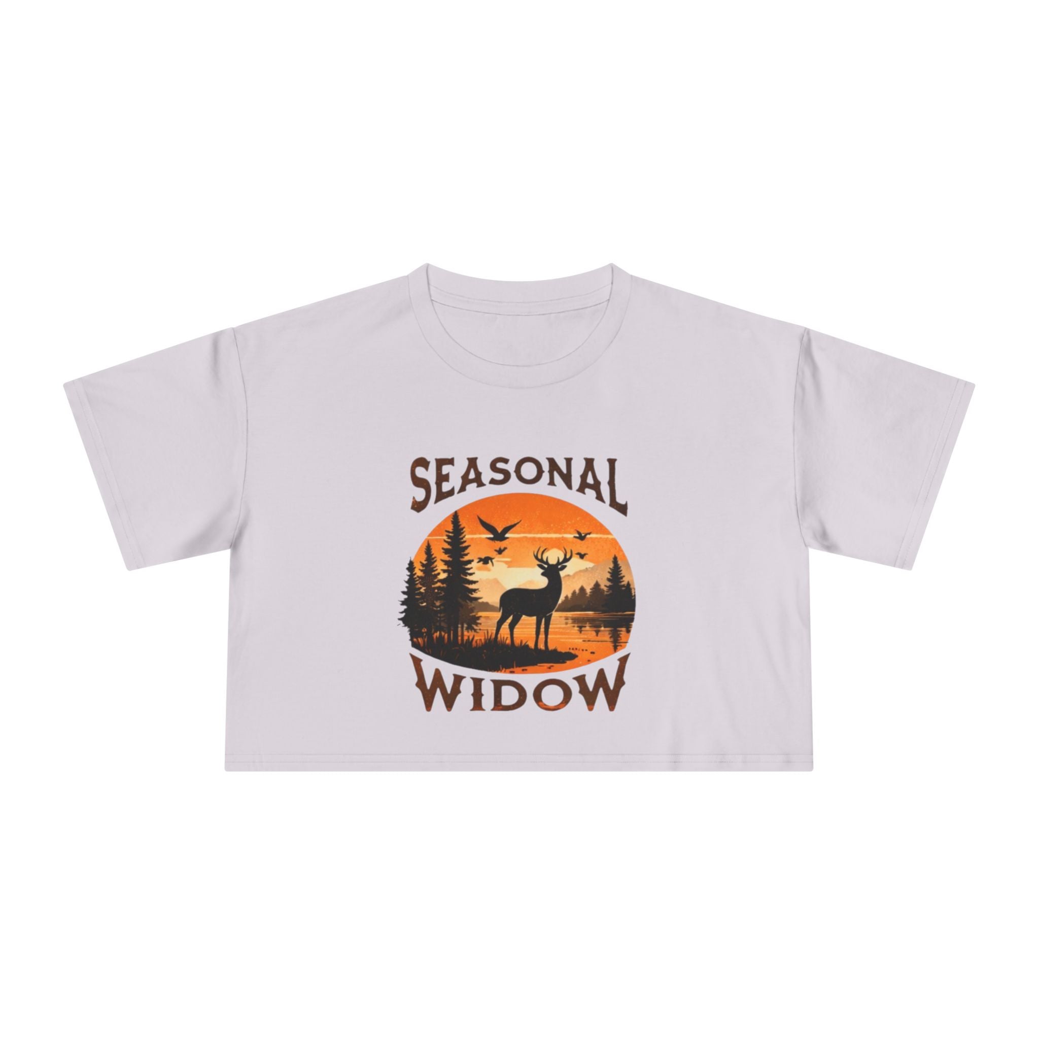Seasonal Widow Crop Tee | Autumn Hunting Deer Sunset Graphic