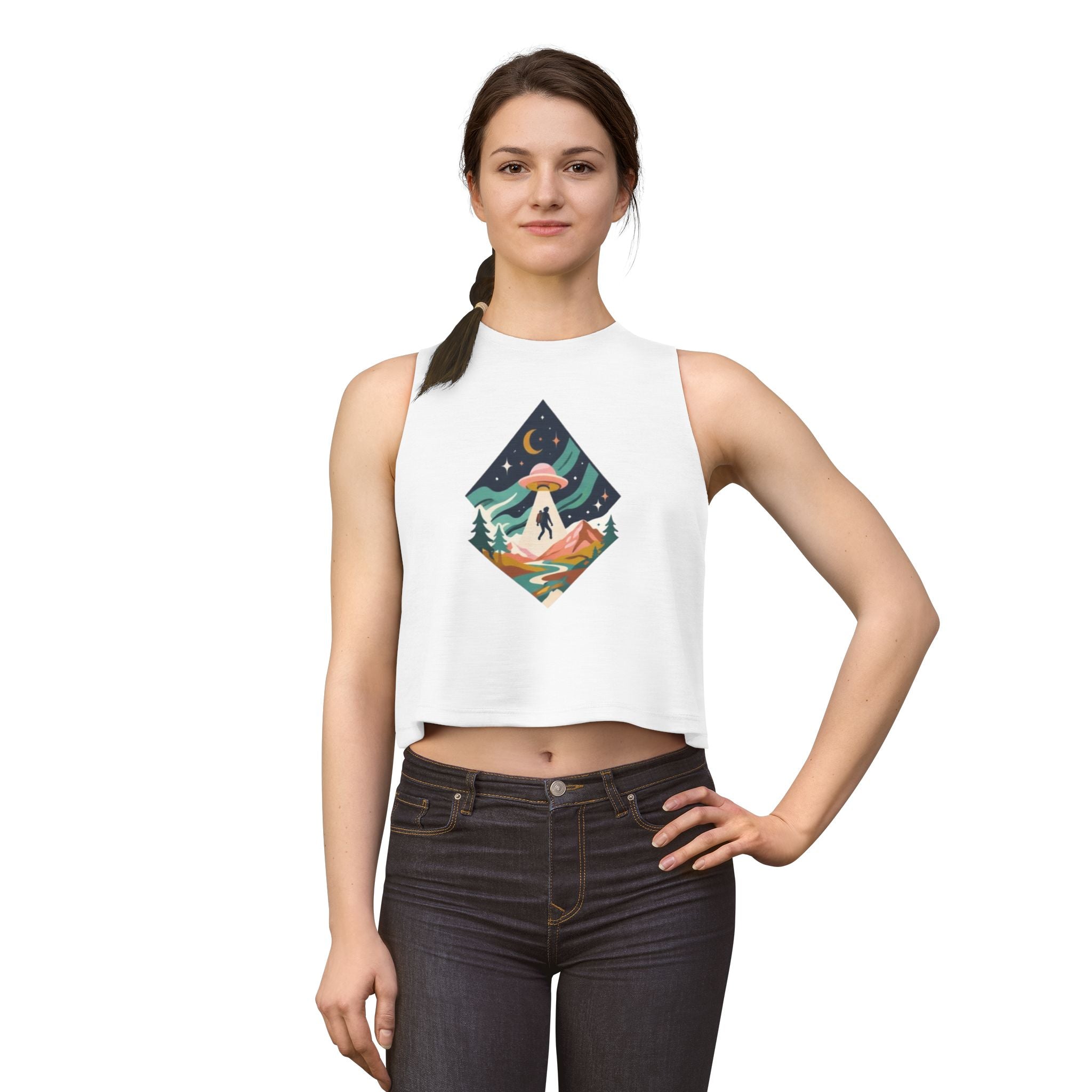 Alien Abduction Hiker Graphic Crop Top | Retro Mountain UFO Tank