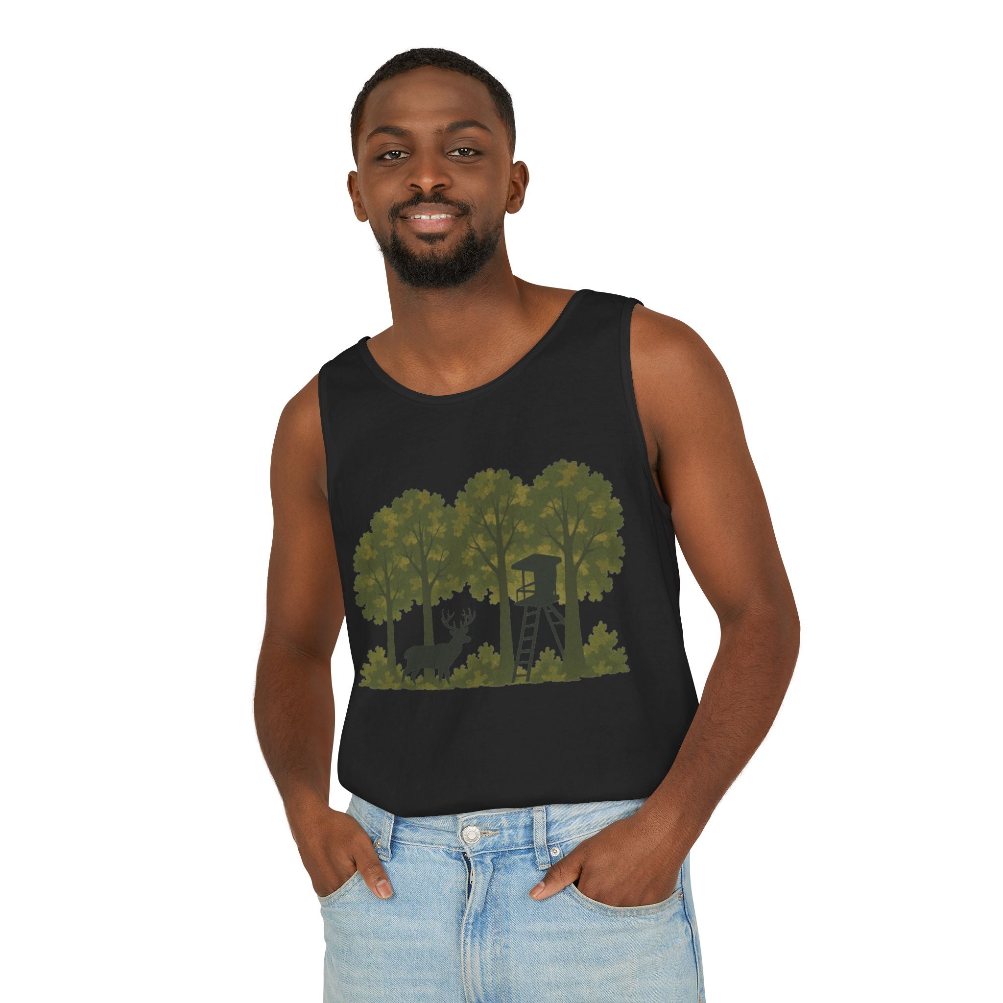 Deer Stand Woodland Tank Top | Hunting Cabin Forest Silhouette