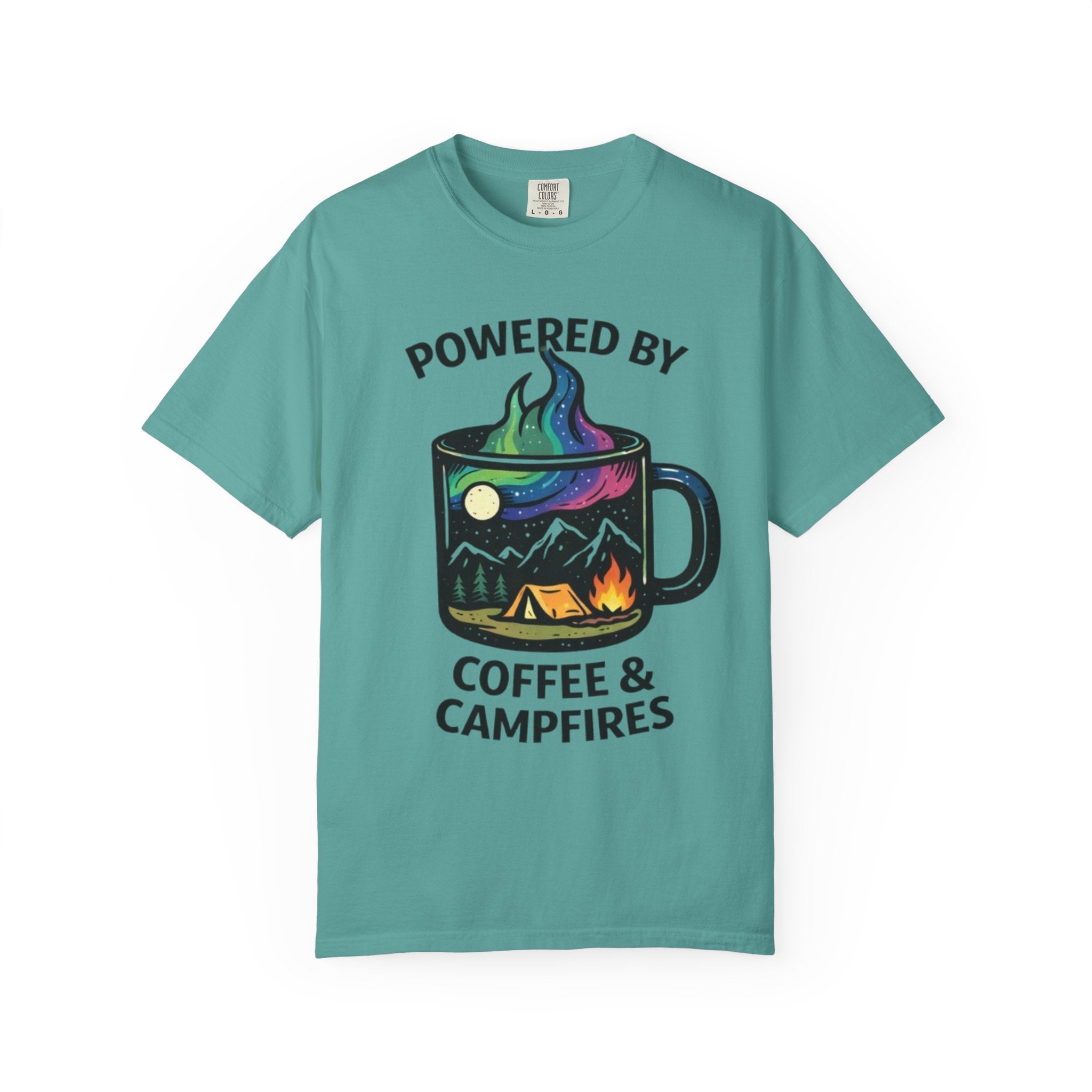 Powered by Coffee & Campfires T-shirt | Camping Mug Nature Graphic