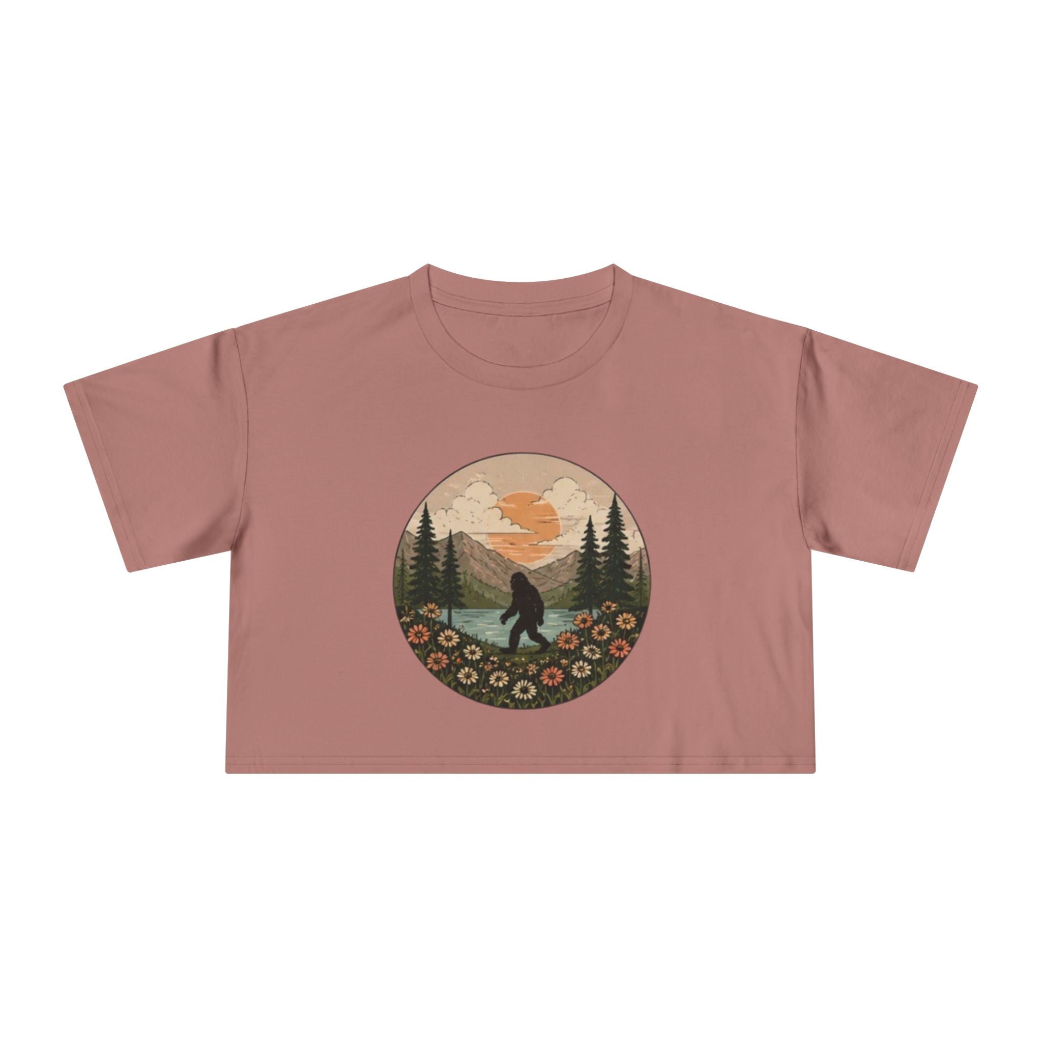 Bigfoot Sunset Crop Tee | Retro Mountain Floral Sasquatch Design