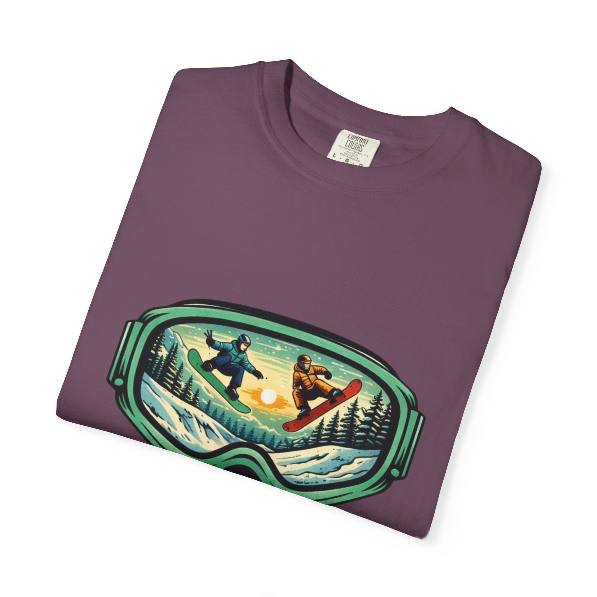 Snowboard Goggles Graphic T-Shirt | Mountain Scene with Ride the Ridge Design