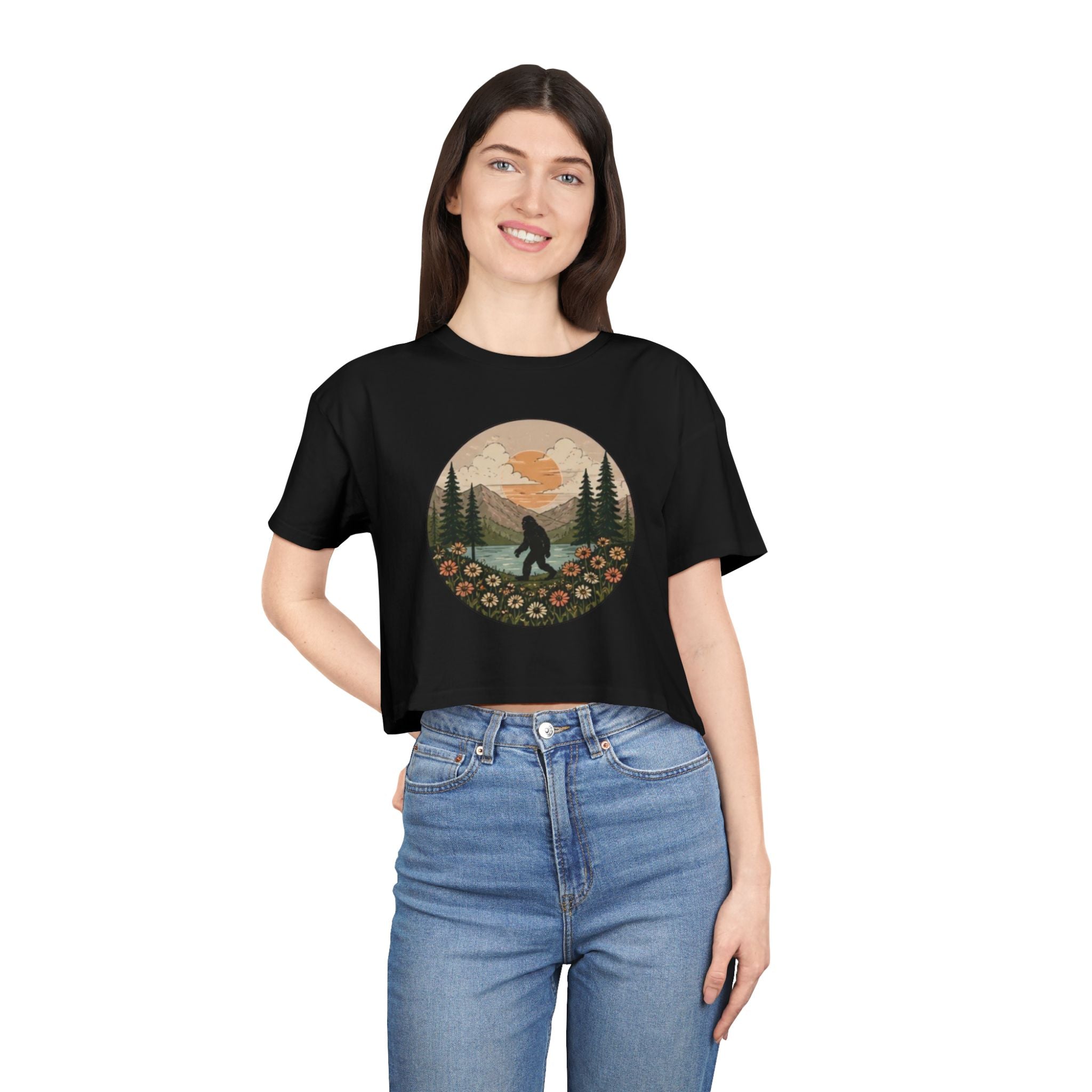 Bigfoot Sunset Crop Tee | Retro Mountain Floral Sasquatch Design