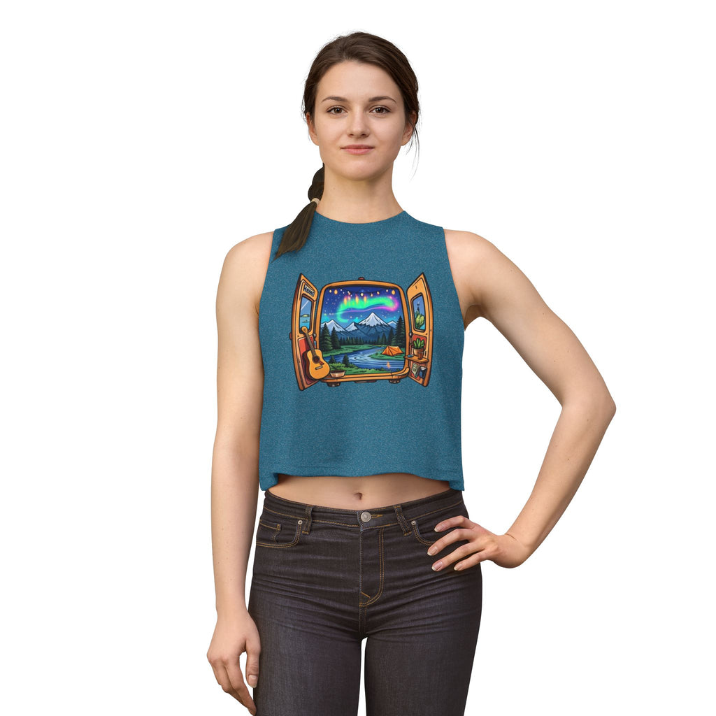 Adventure Window Crop Top | Mountain Camping, Aurora & Guitar Graphic