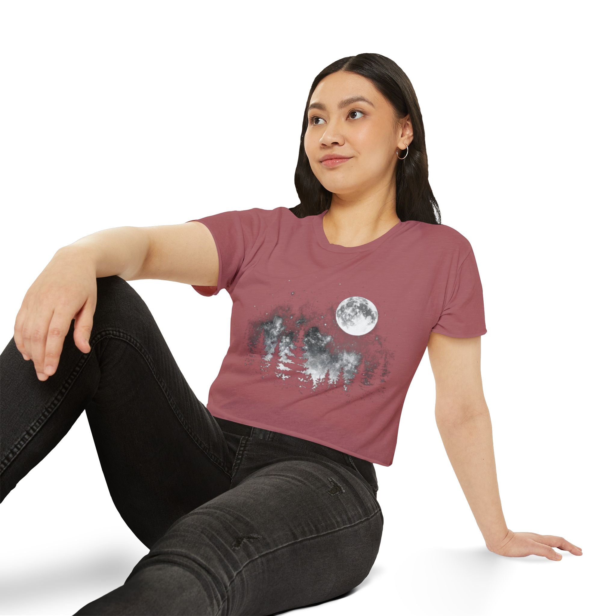 Moonlit Forest Crop Top | Women's Festival Moon & Pine Tree Graphic