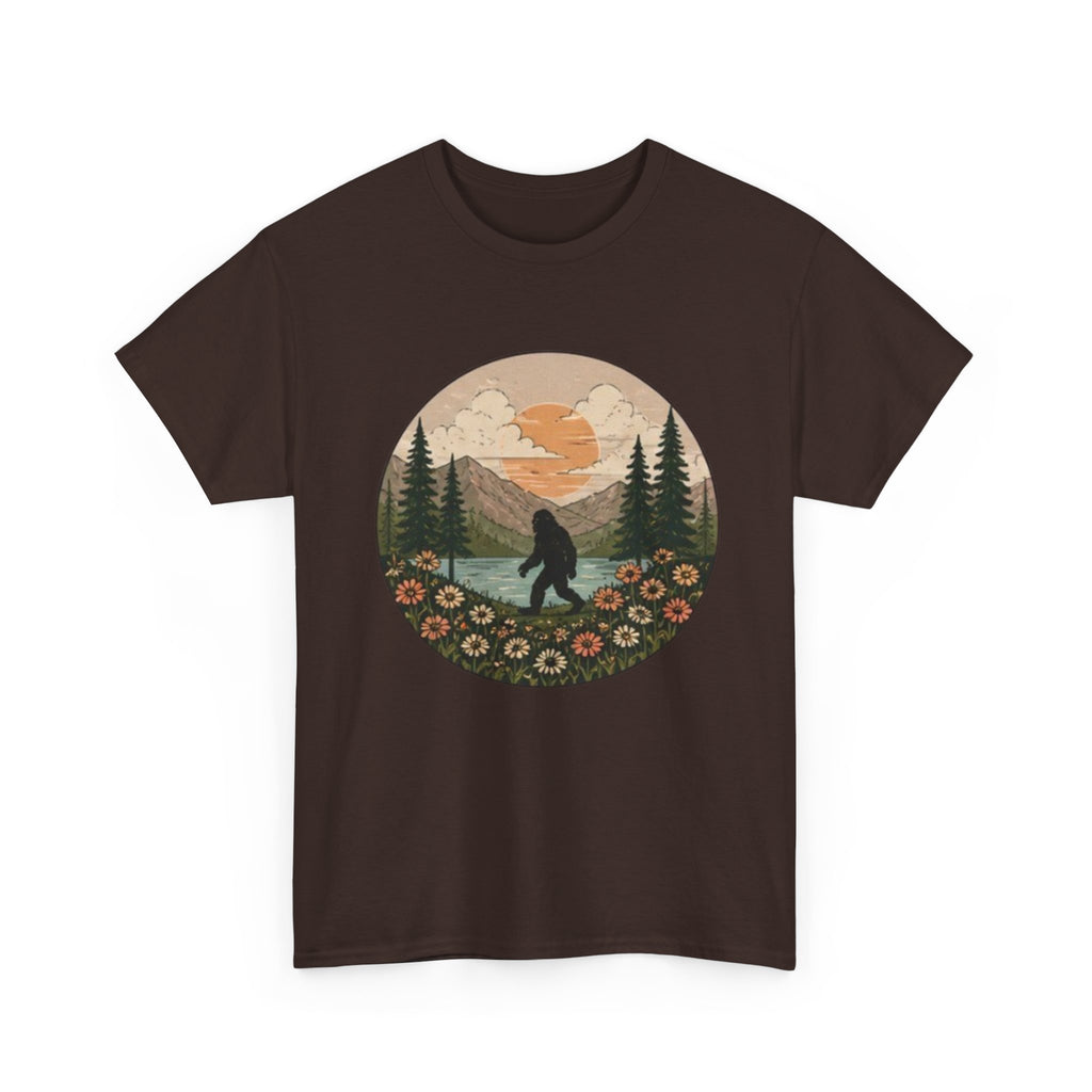 Bigfoot Meadow Retro Tee | Vintage Sasquatch with Flowers