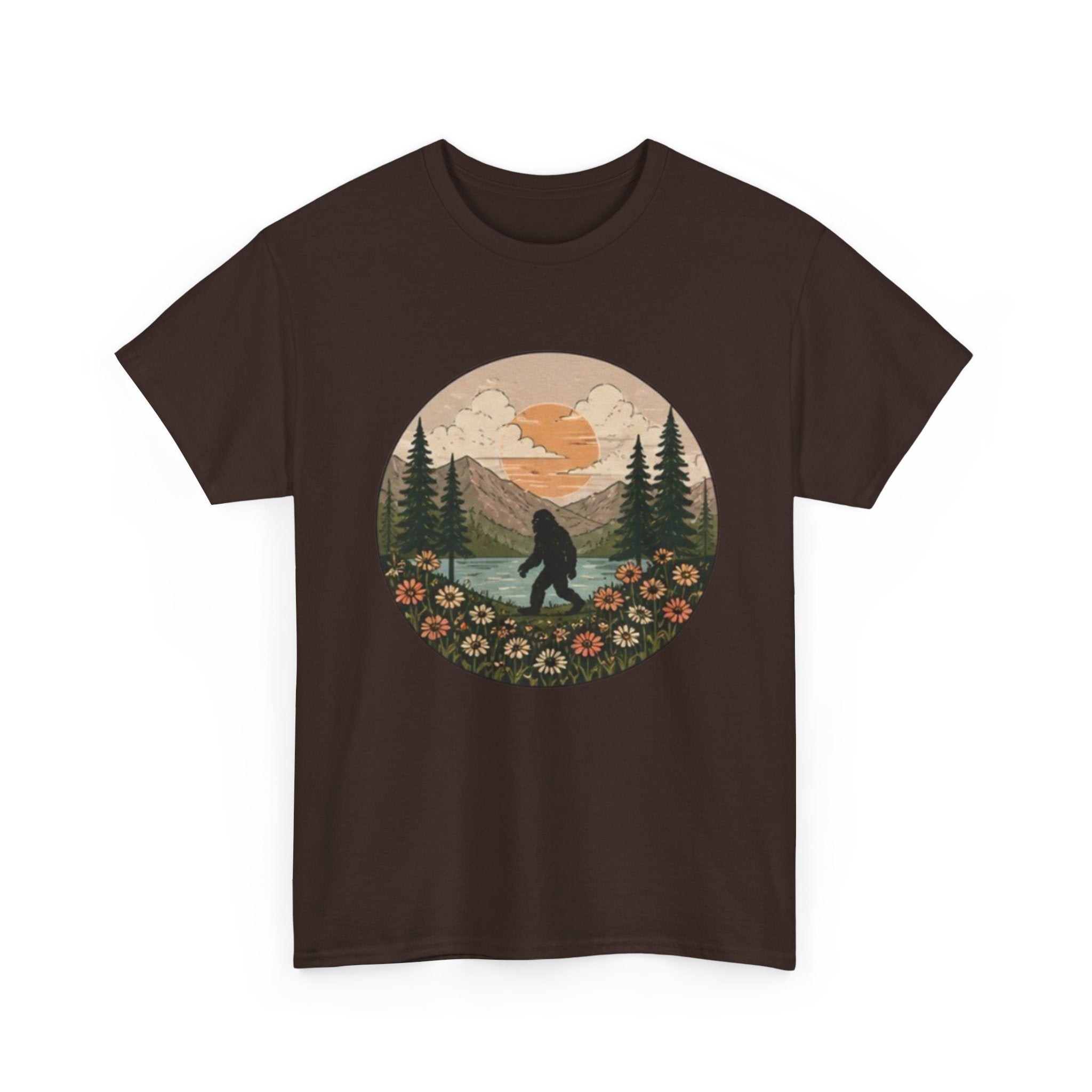 Bigfoot Meadow Retro Tee | Vintage Sasquatch with Flowers