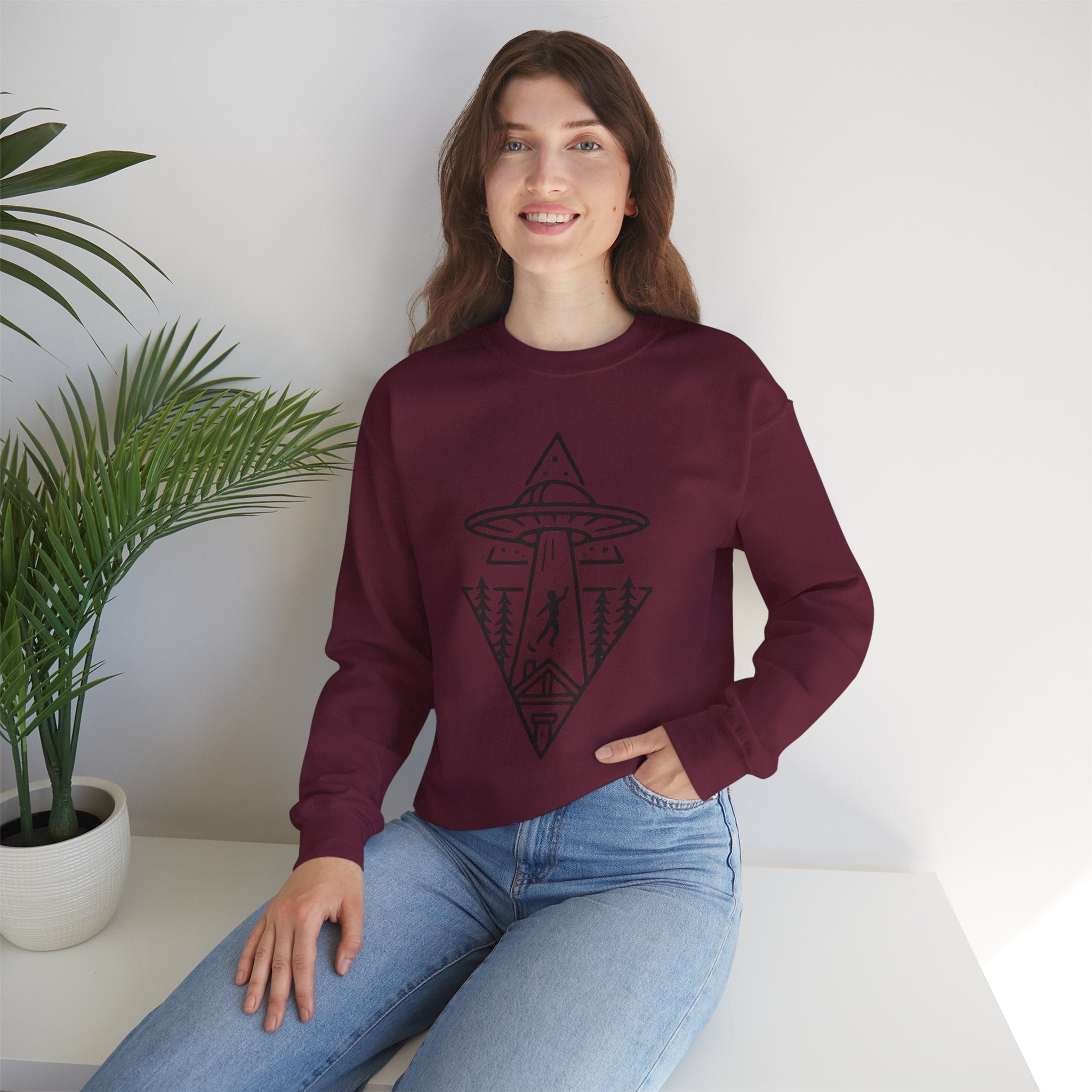 Alien Abduction Crewneck Sweatshirt | Geometric UFO Forest Design