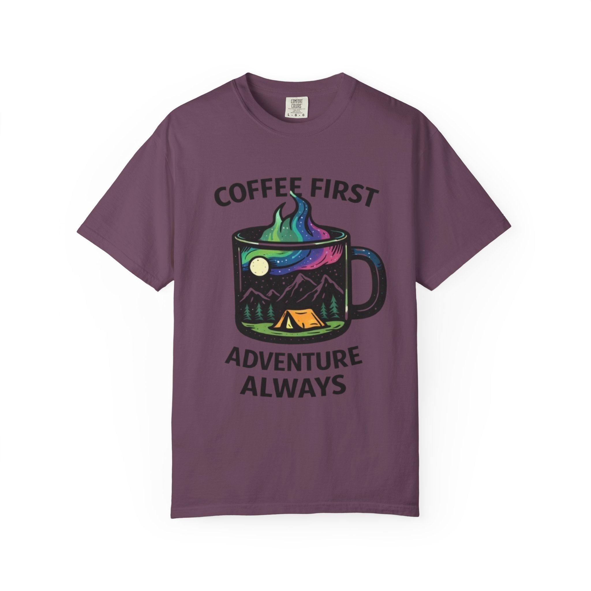 Coffee First Adventure Always T-Shirt | Camping Mug Mountain Design
