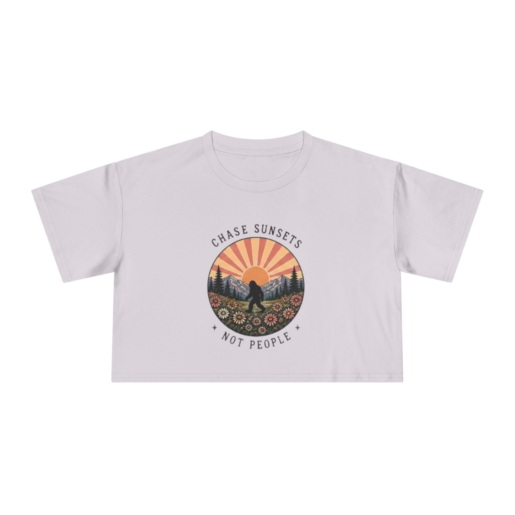 Crop Tee | "Chase Sunsets Not People" Retro Sunset Graphic