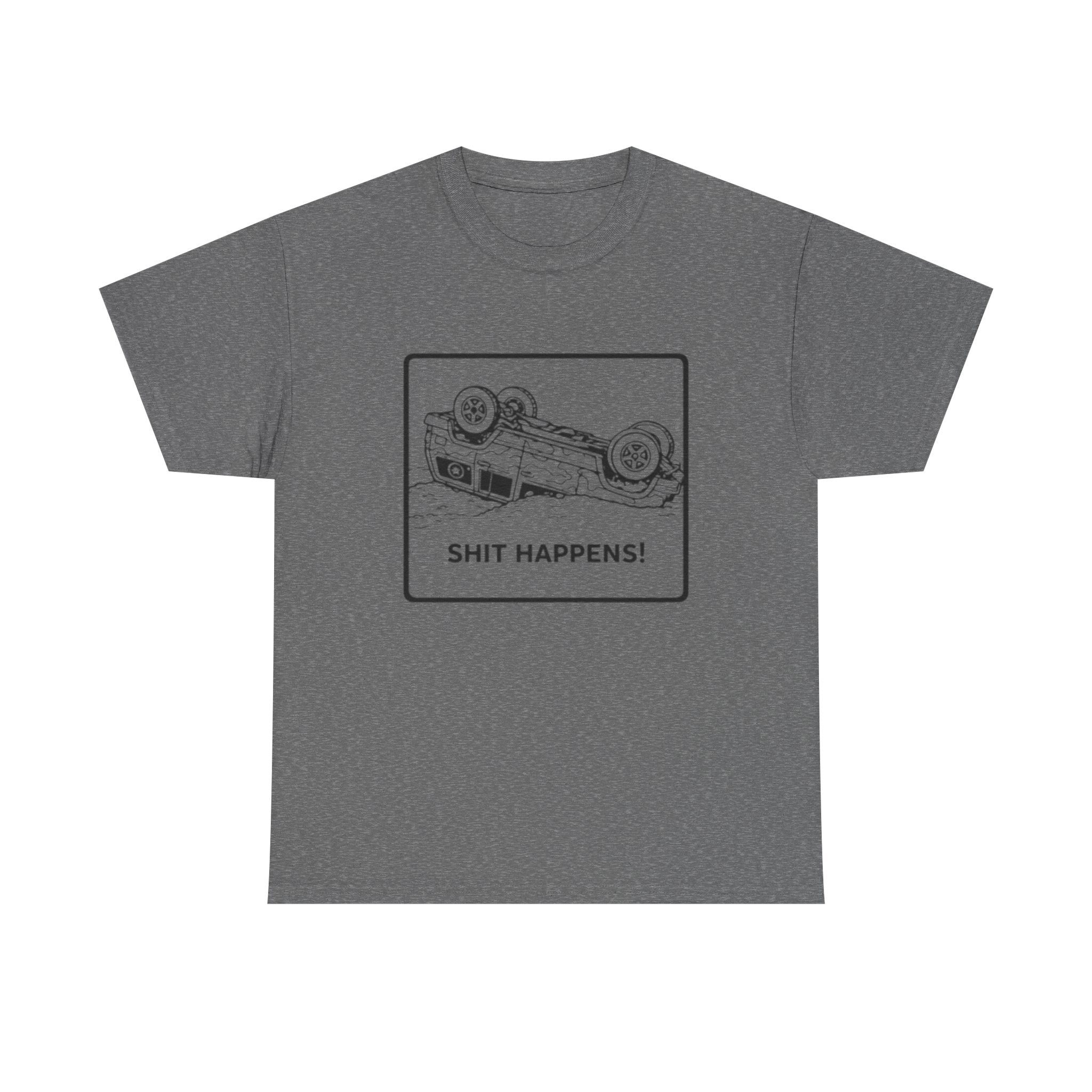Graphic Tee | Upside-Down Car "Shit Happens!" Vintage Sketch T-Shirt
