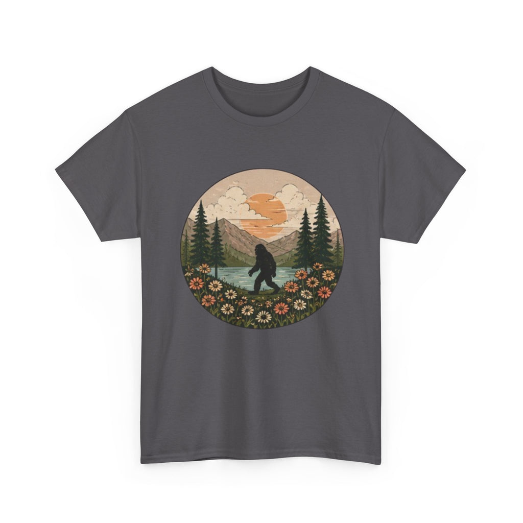 Bigfoot Meadow Retro Tee | Vintage Sasquatch with Flowers